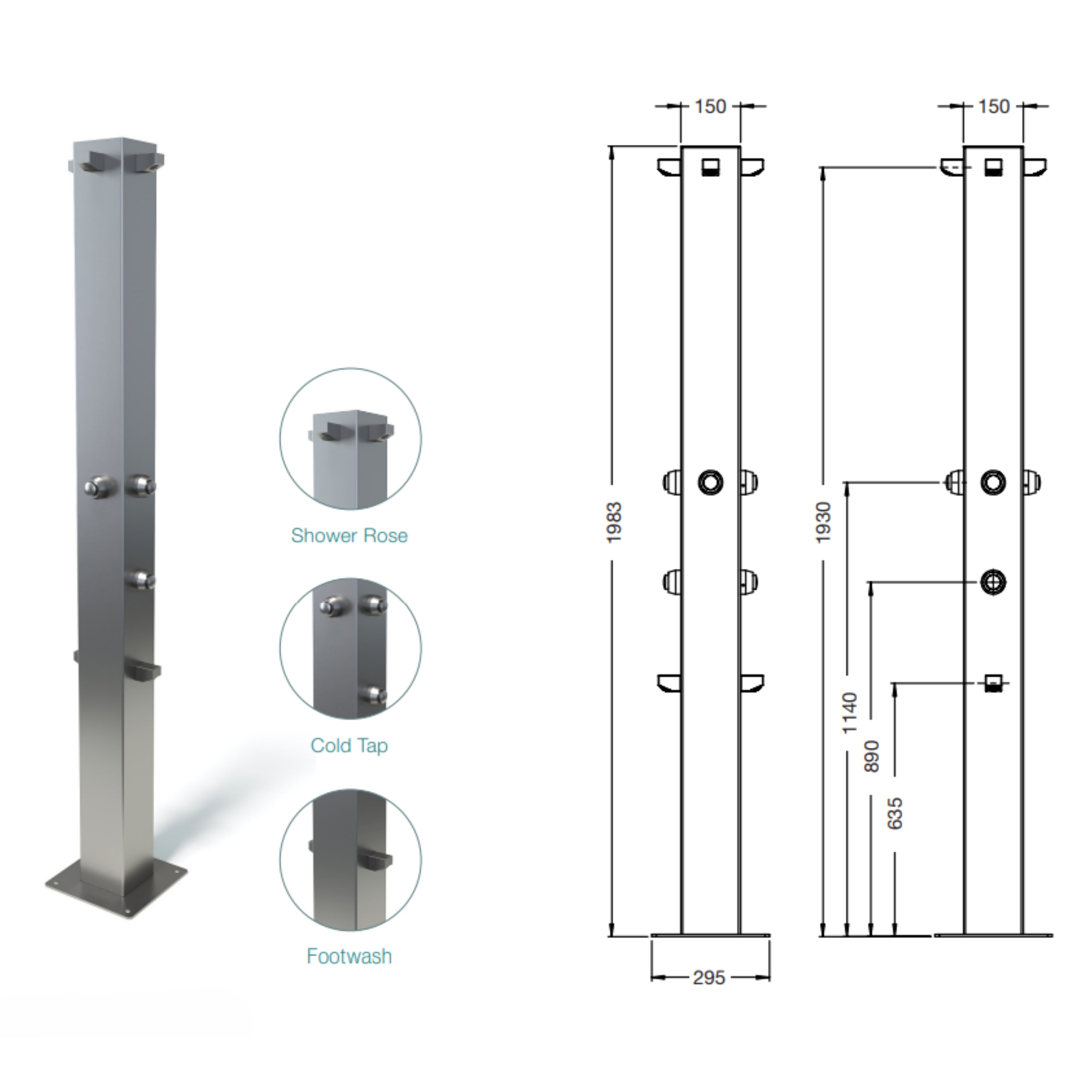 RAINWARE BEACH QUARTET FREESTANDING OUTDOOR TIME FLOW QUAD SHOWER AND DOUBLE FOOTWASH STAINLESS STEEL