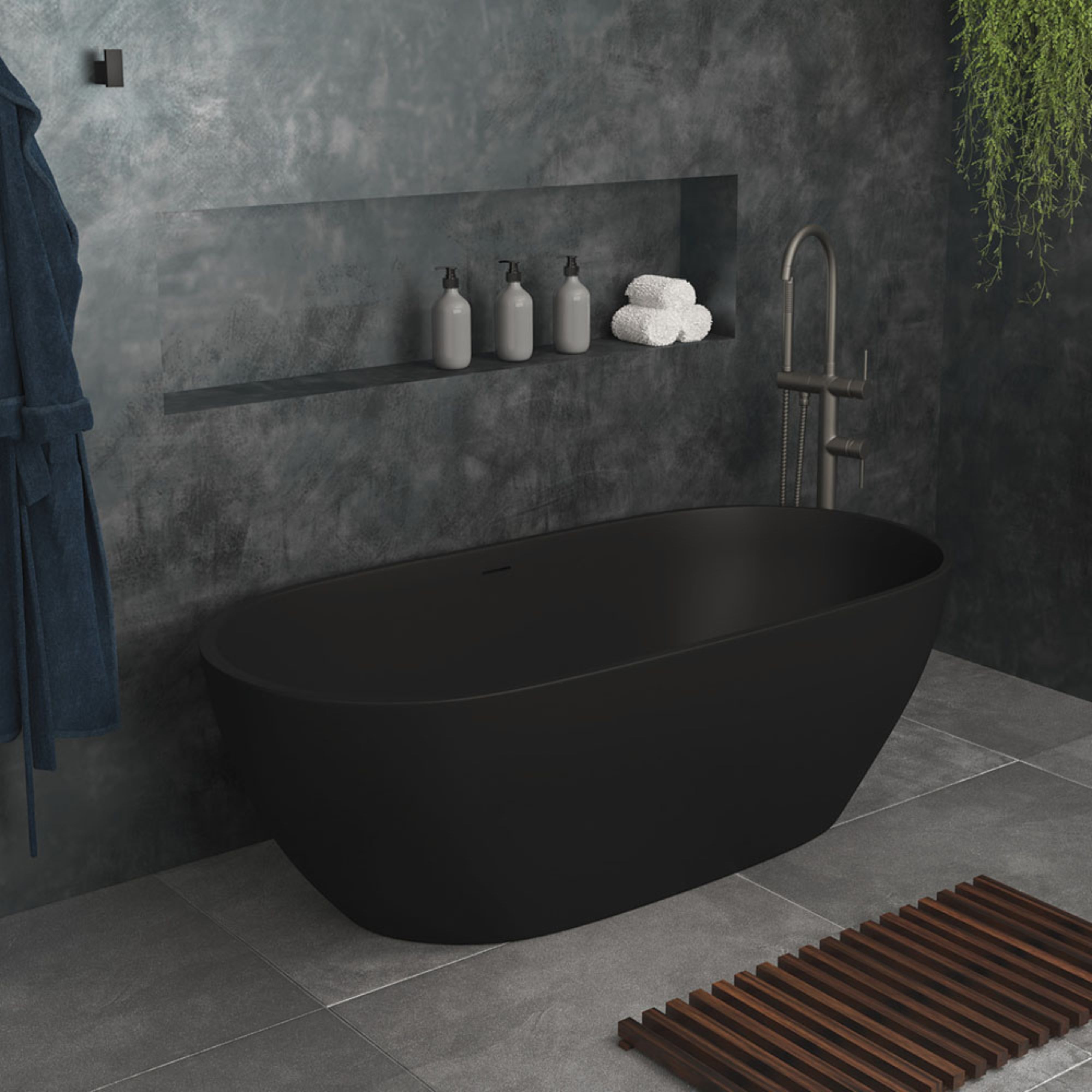 FIENZA LUCIANA SOLID SURFACE FREESTANDING BATHTUB MATTE BLACK (AVAILABLE IN 1500MM AND 1690MM)