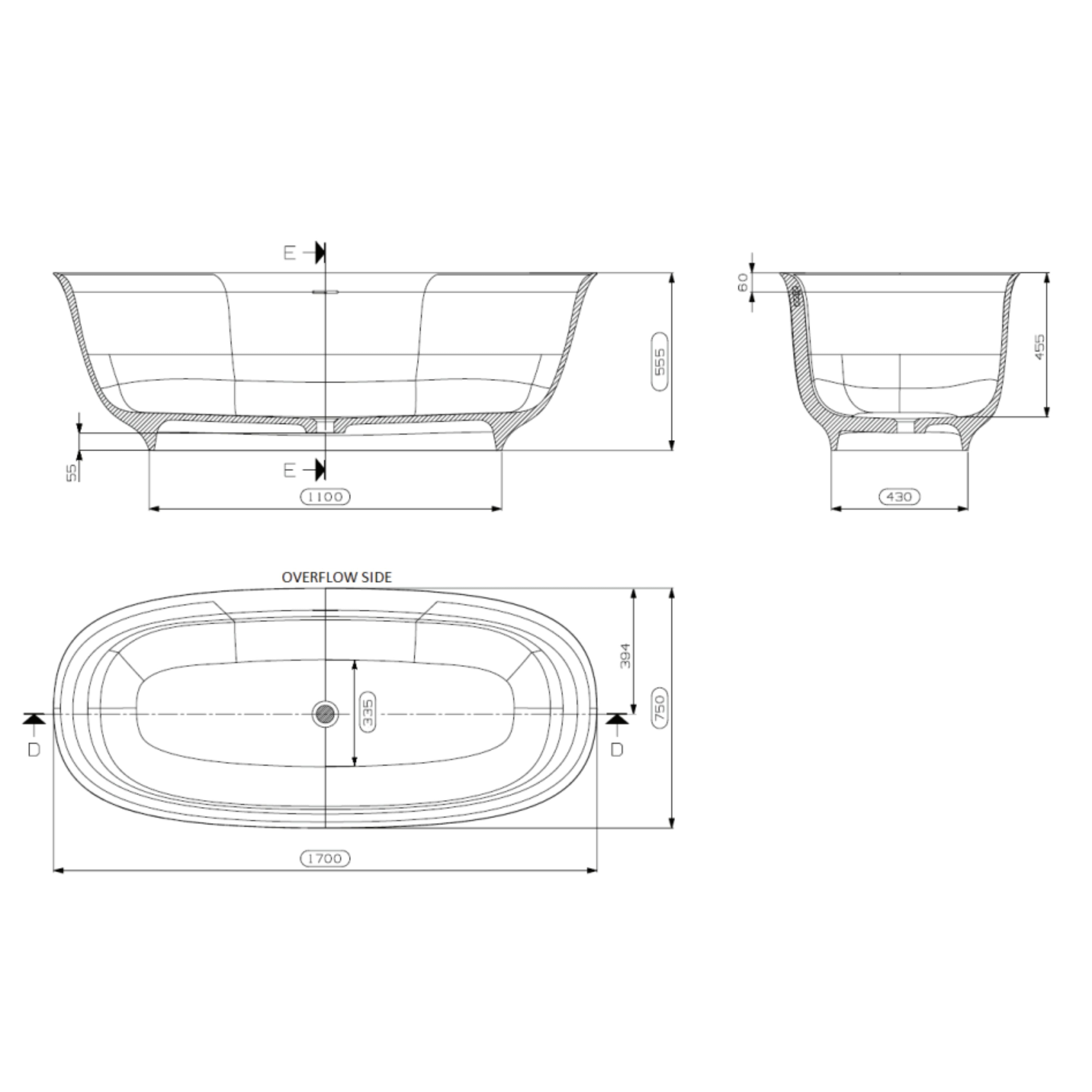 DOMUS LIVING CARIA FREESTANDING BATHTUB WITH OVERFLOW MATTE WHITE 1700MM