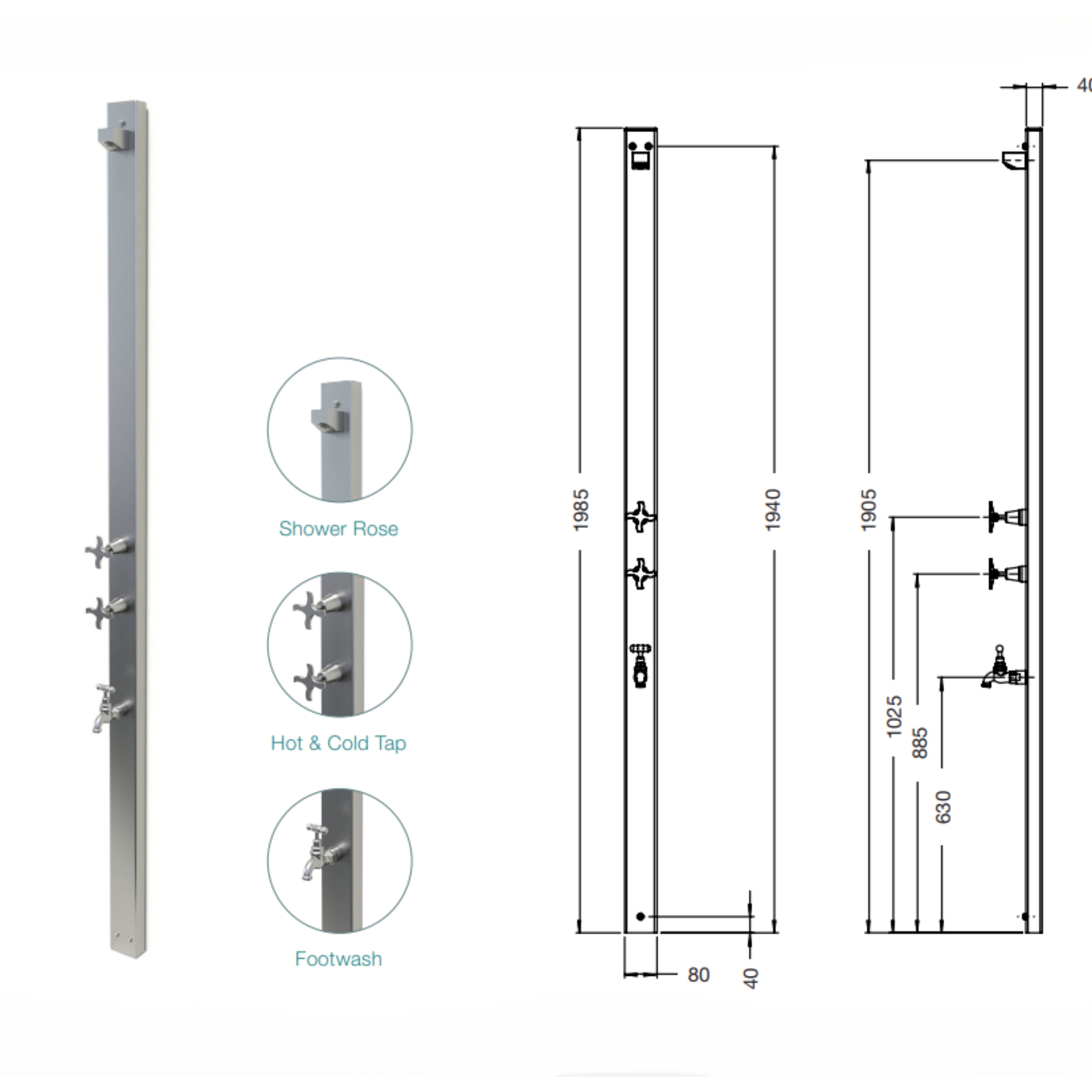 RAINWARE AUSSIE WALL MOUNTED OUTDOOR HOT AND COLD SHOWER AND FOOTWASH SILVER