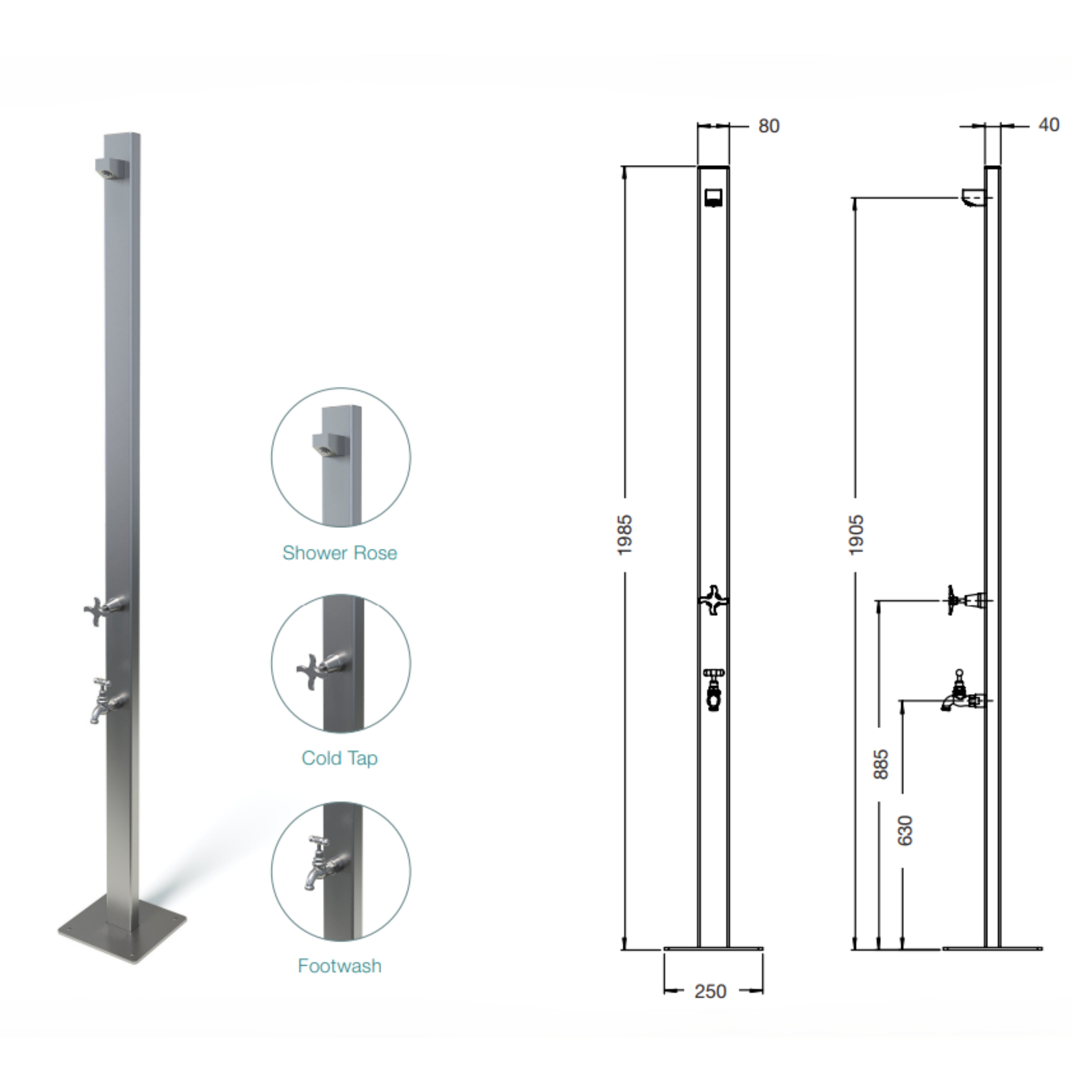 RAINWARE AUSSIE PREMIUM FREESTANDING OUTDOOR COLD SHOWER AND FOOTWASH SILVER