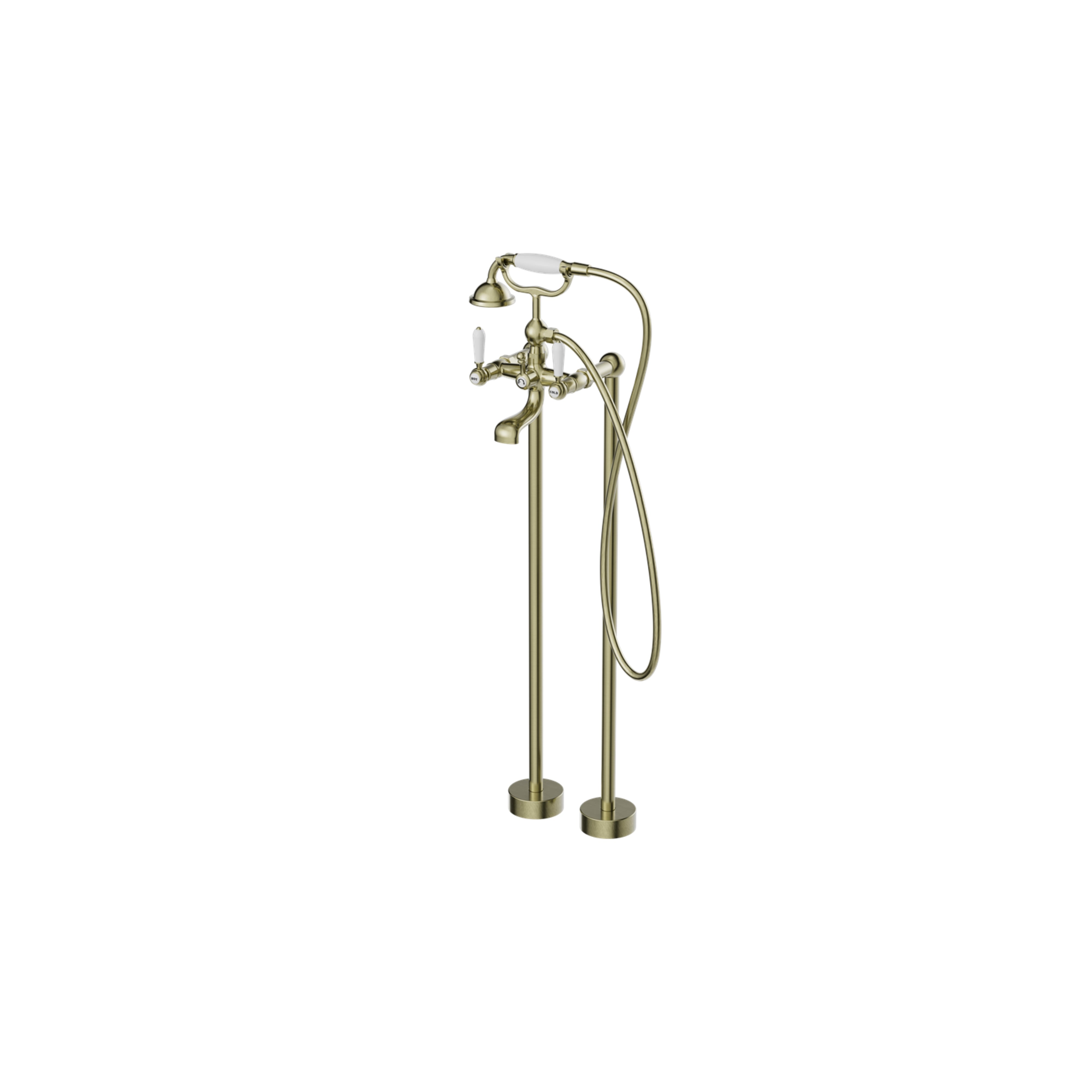 NERO YORK FREESTANDING BATH SET WITH WHITE PORCELAIN HAND SHOWER AGED BRASS