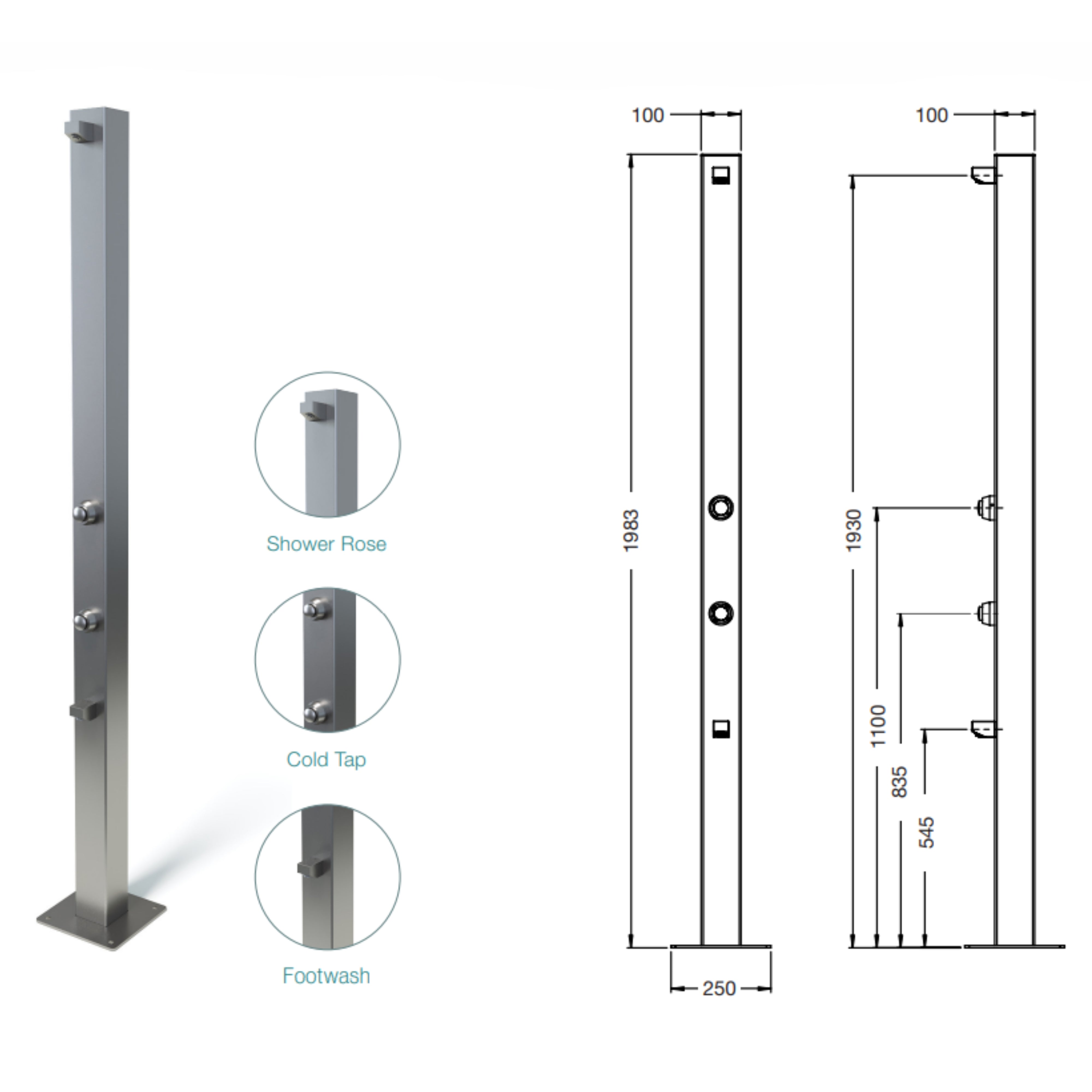 RAINWARE BEACH SOLO FREESTANDING OUTDOOR TIME FLOW SINGLE SHOWER AND FOOTWASH STAINLESS STEEL