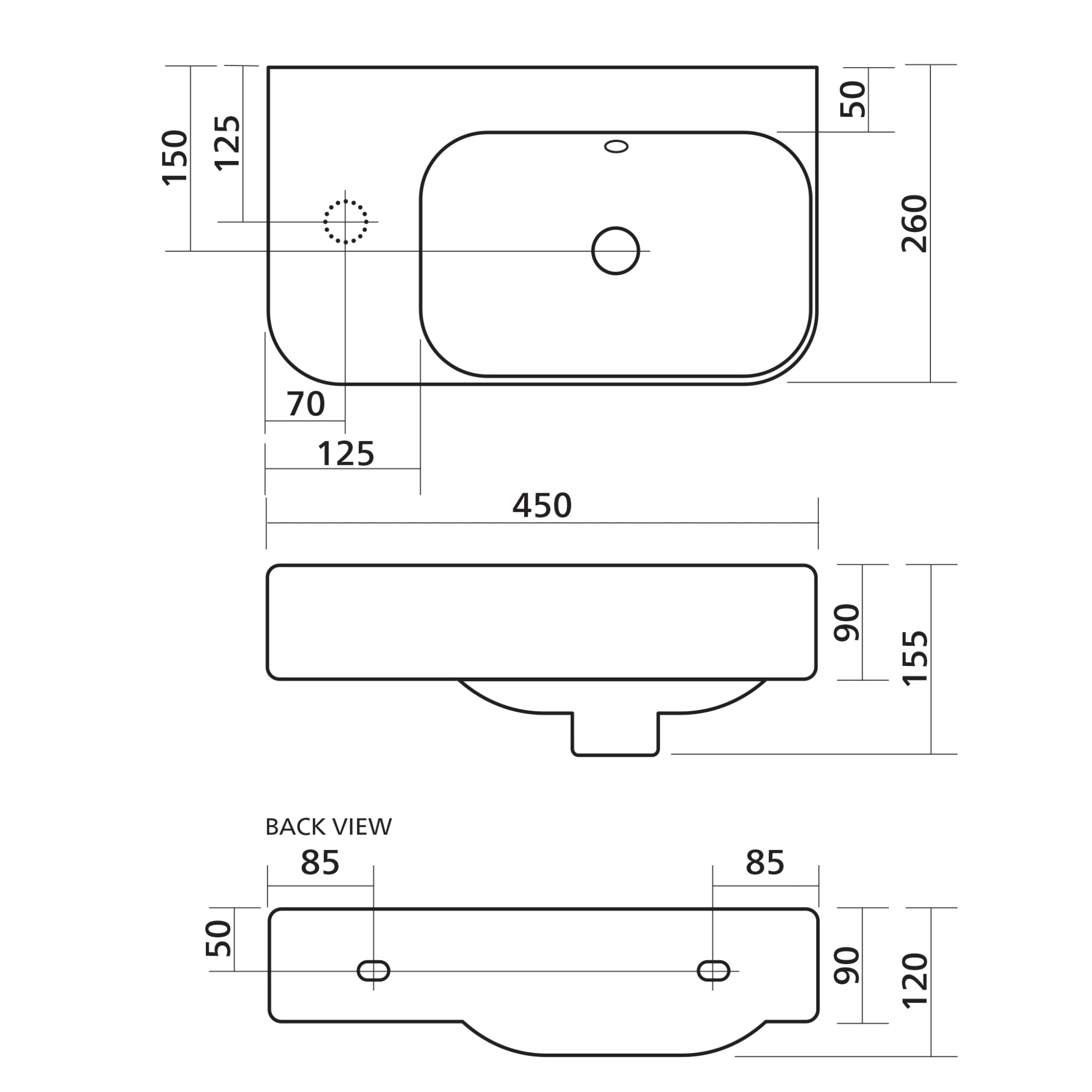 SEIMA LIMNI 260 WALL HUNG BASIN WITH OVERFLOW GLOSS WHITE 450MM