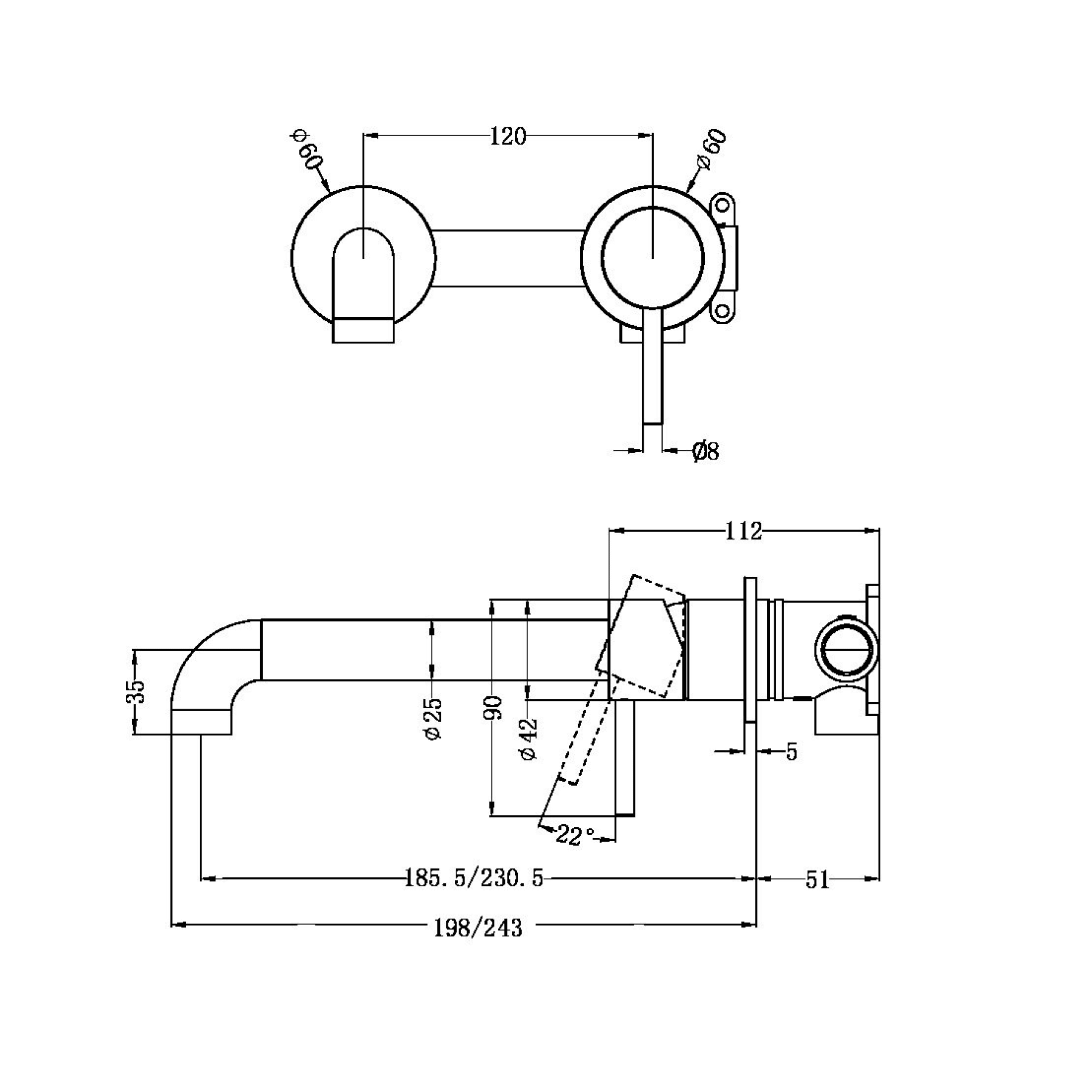 NERO ZEN WALL BASIN/BATH MIXER SEPARATE BACK PLATE 185/230MM SPOUT BRUSHED NICKEL