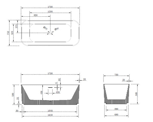 RIVA MILANO V-GROOVE FREESTANDING BATHTUB MATTE WHITE AND BLACK (AVAILABLE IN 1500MM AND 1700MM)