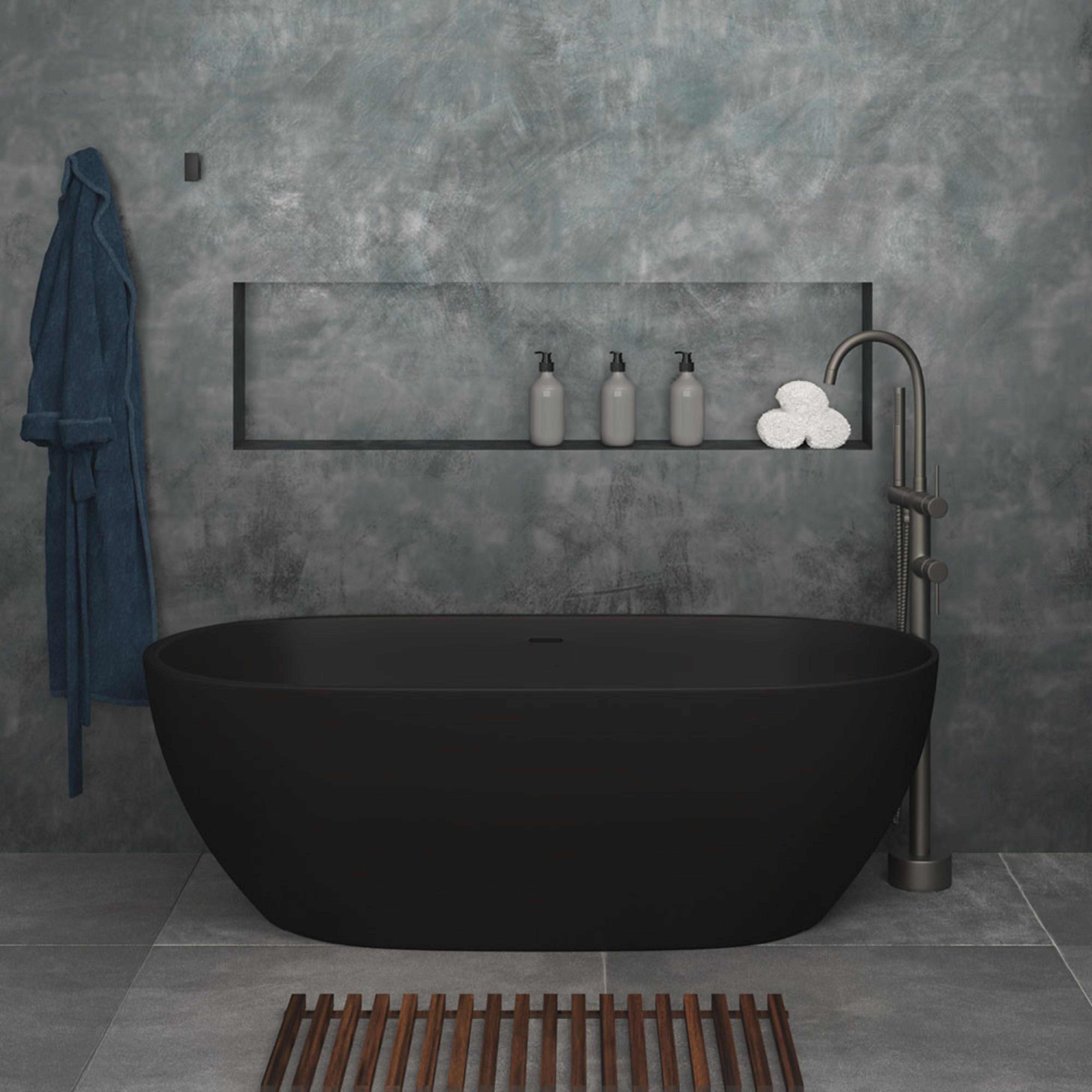 FIENZA LUCIANA SOLID SURFACE FREESTANDING BATHTUB MATTE BLACK (AVAILABLE IN 1500MM AND 1690MM)