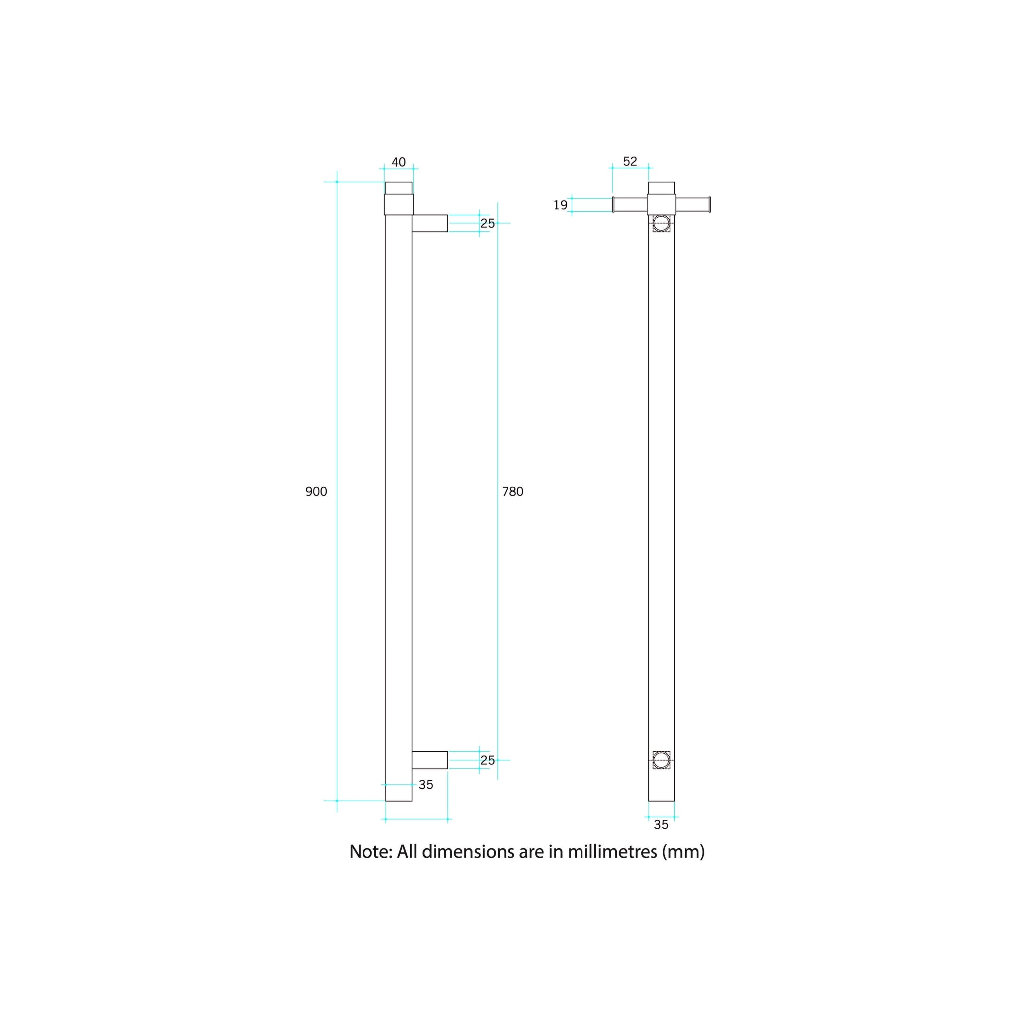 THERMOGROUP SQUARE VERTICAL HEATED SINGLE TOWEL RAIL MATTE BLACK 900MM