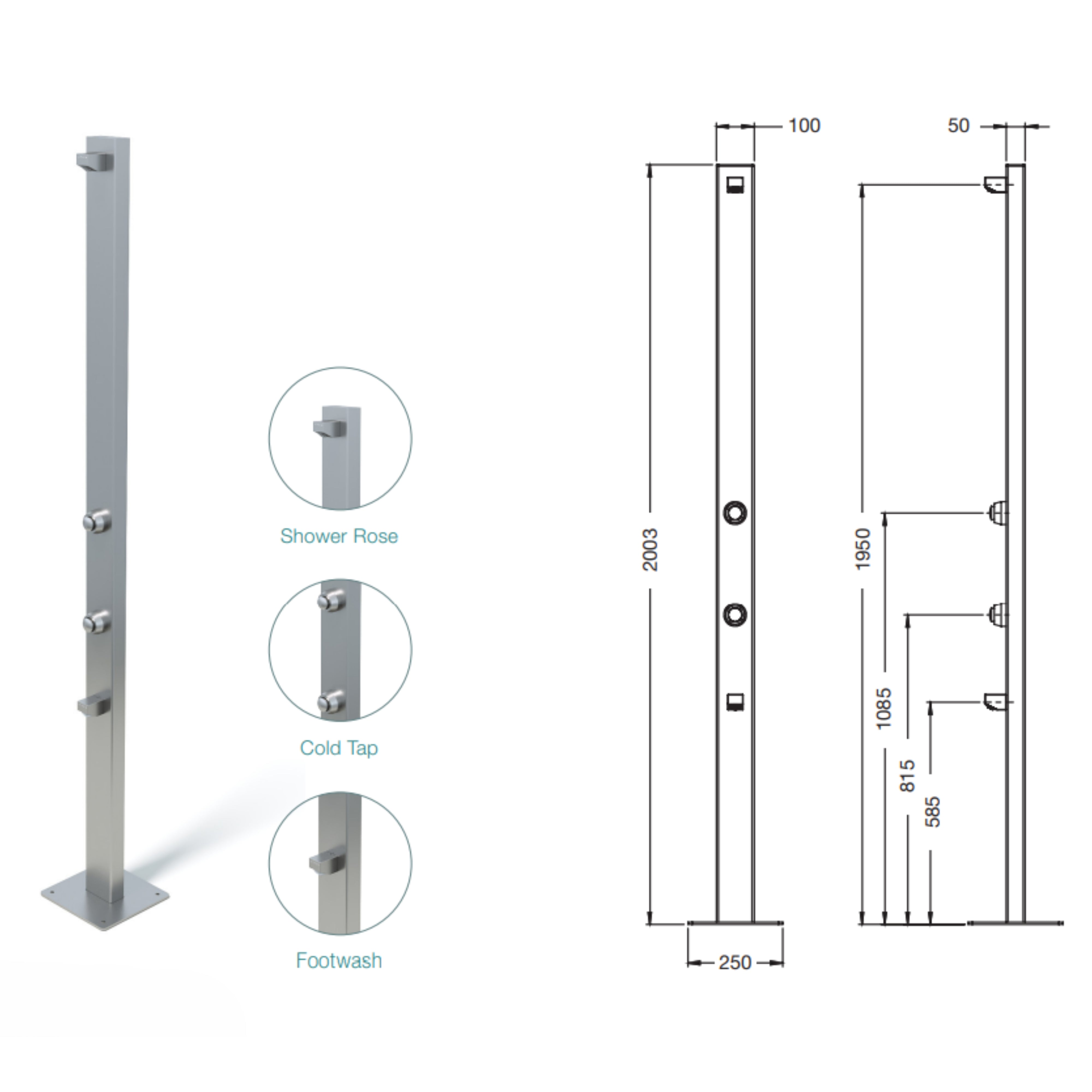 RAINWARE BEACH SLIM FREESTANDING OUTDOOR TIME FLOW SINGLE SHOWER AND FOOTWASH STAINLESS STEEL