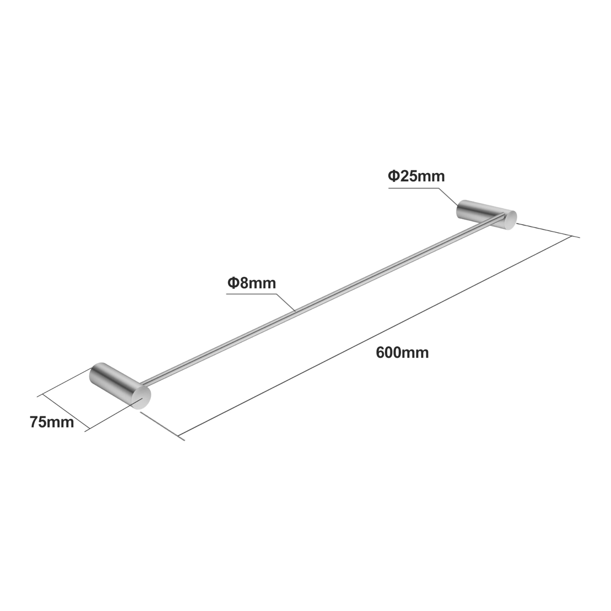 AQUAPERLA SINGLE TOWEL RAIL BRUSHED NICKEL 600MM