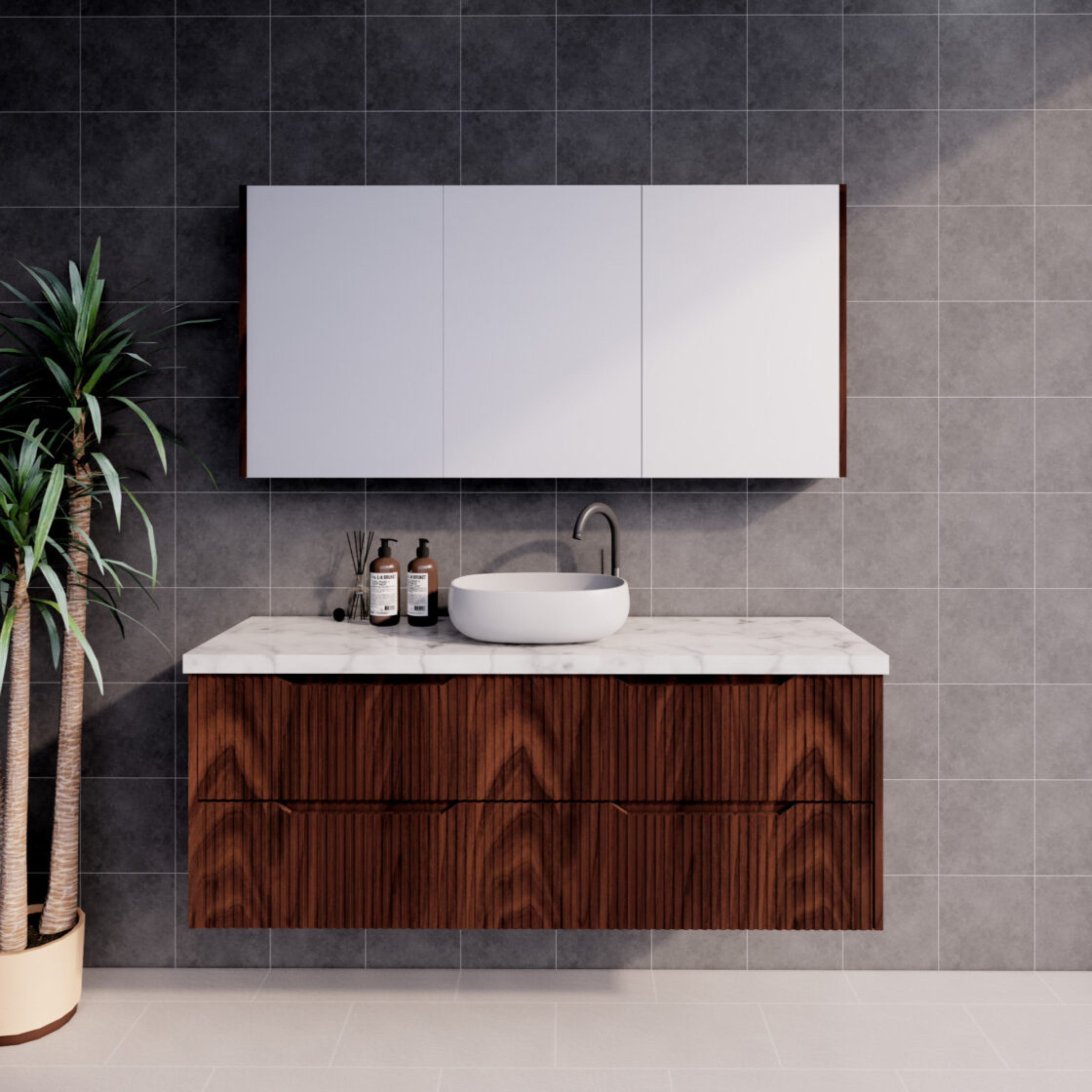 RIVA BALI BROWN OAK 1500MM SINGLE BOWL WALL HUNG VANITY