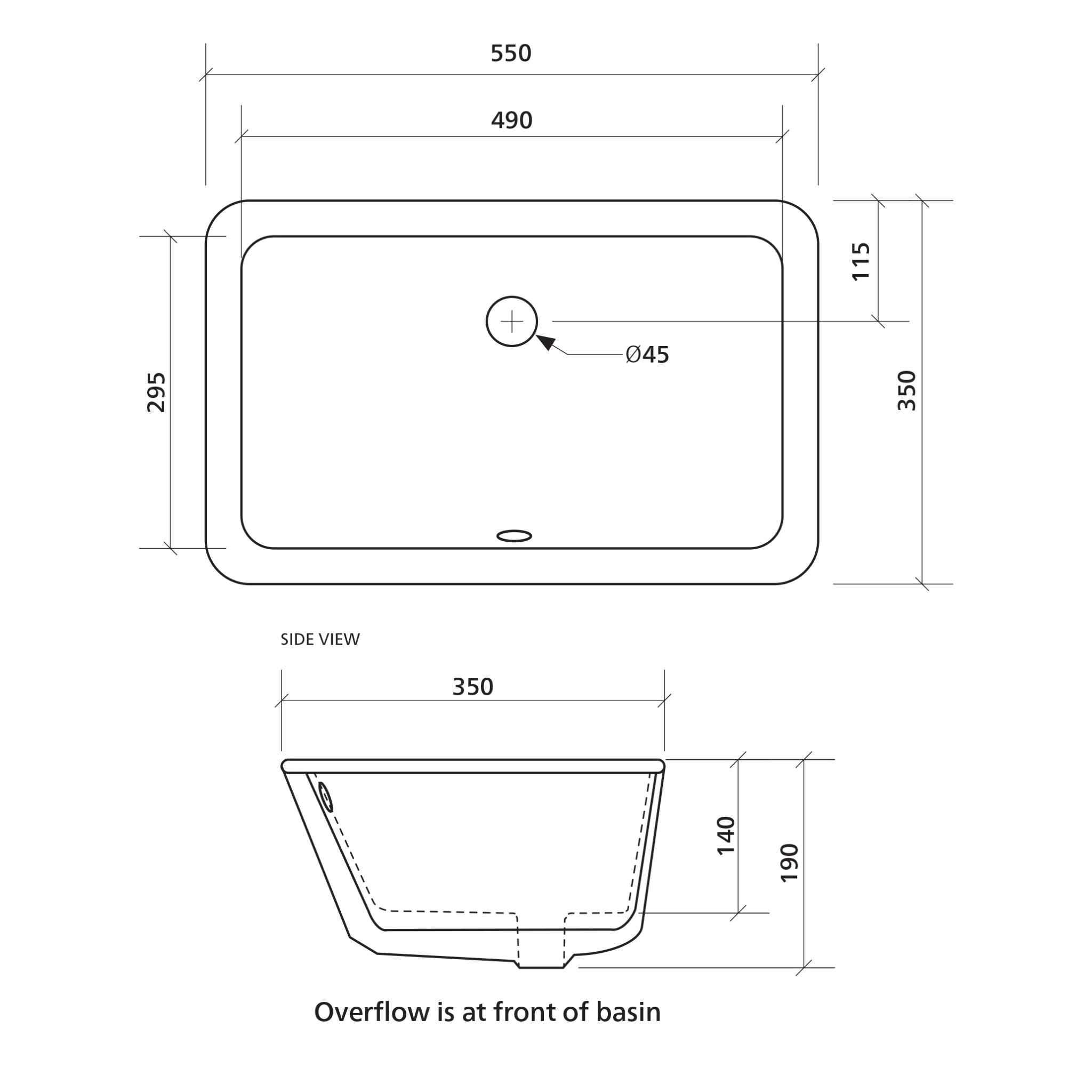 SEIMA PLATI 204 UNDER COUNTER BASIN WITH OVERFLOW GLOSS WHITE 490MM