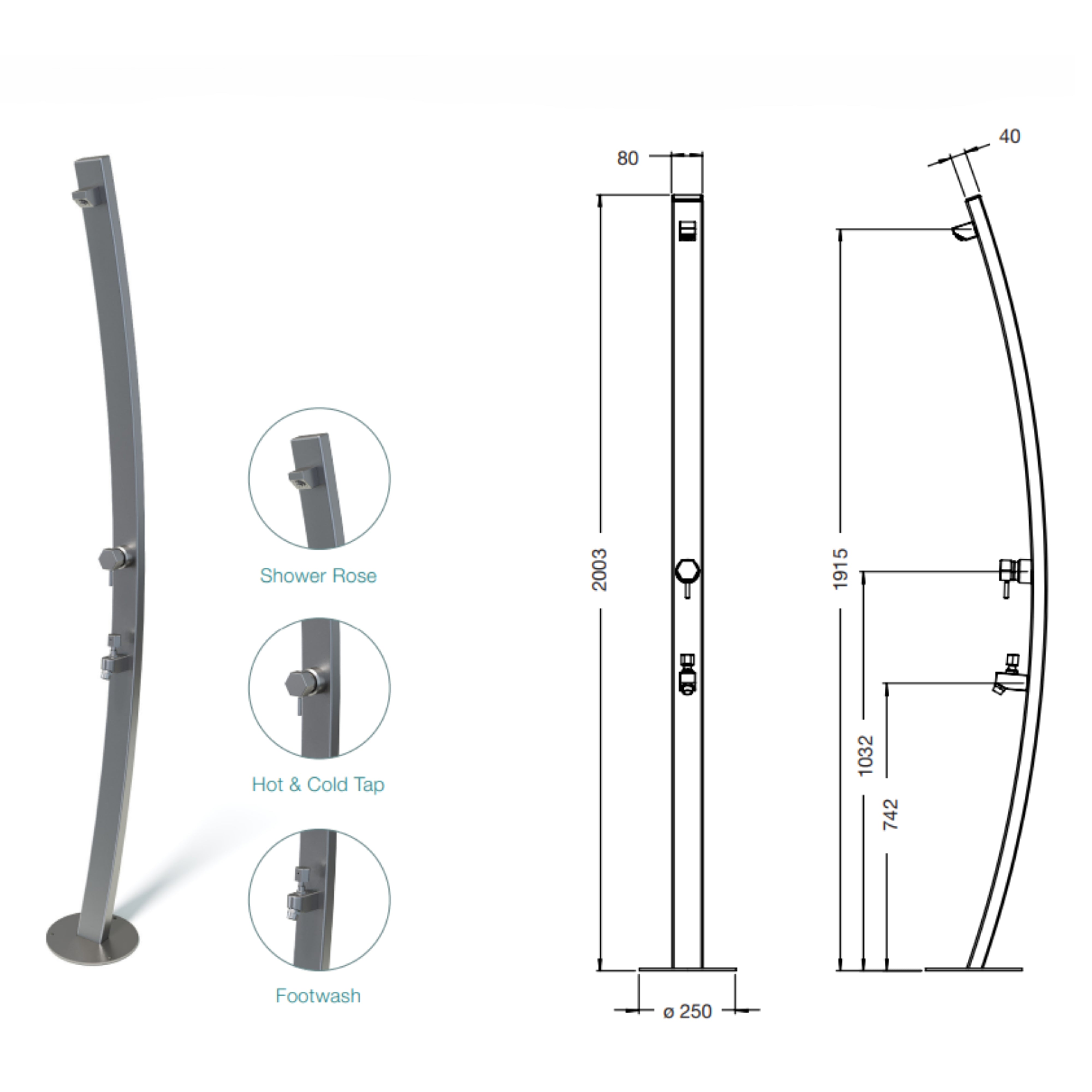 RAINWARE NOOSA FREESTANDING OUTDOOR HOT AND COLD SHOWER AND FOOTWASH STAINLESS STEEL