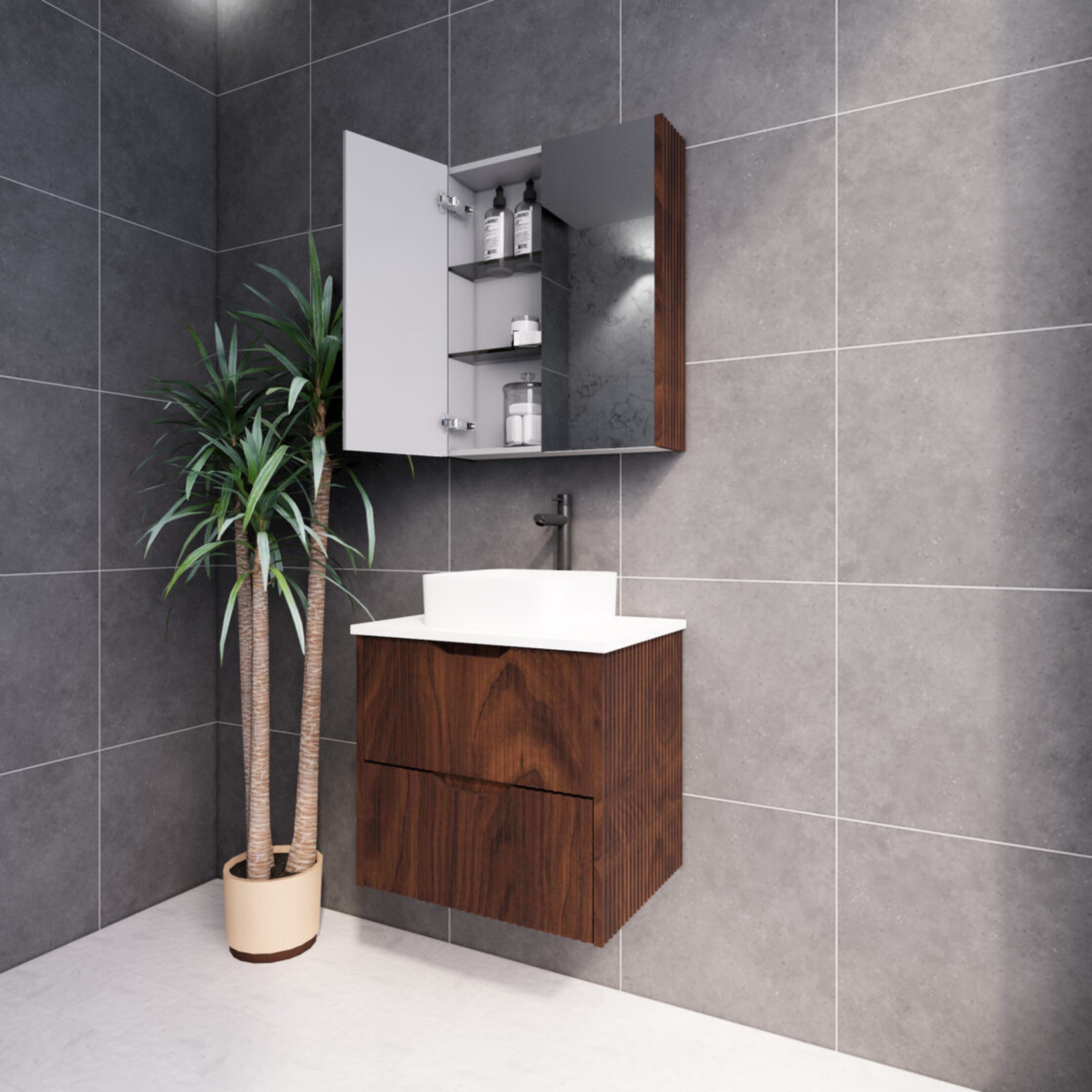 RIVA BALI BROWN OAK 600MM SINGLE BOWL WALL HUNG VANITY