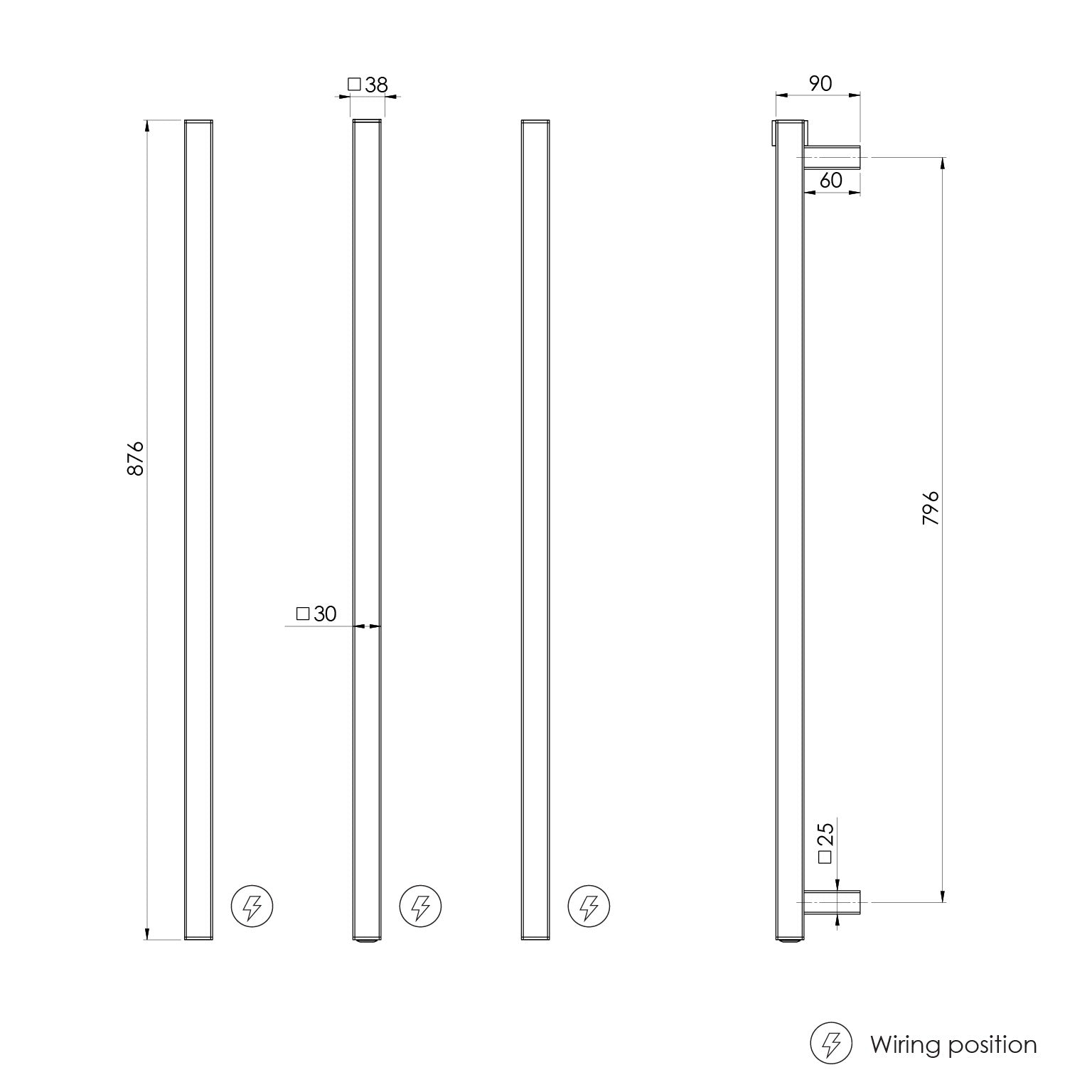 PHOENIX SQUARE TRIPLE HEATED TOWEL RAIL MATTE BLACK (AVAILABLE IN 600MM AND 800MM)