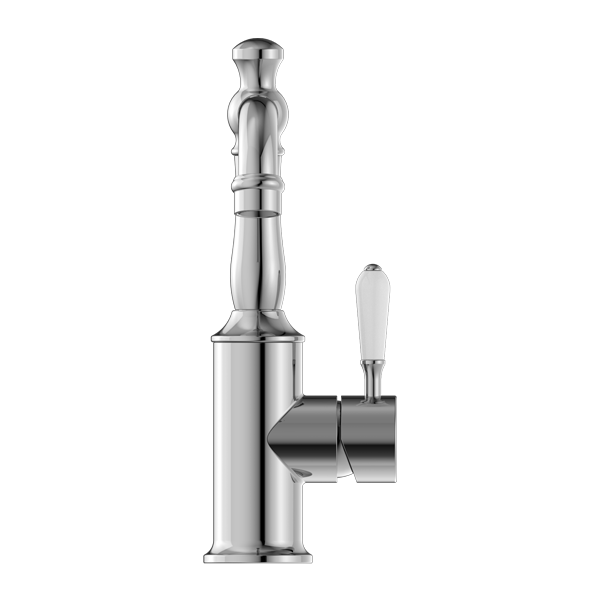 NERO YORK BASIN MIXER WITH WHITE PORCELAIN LEVER 265MM CHROME