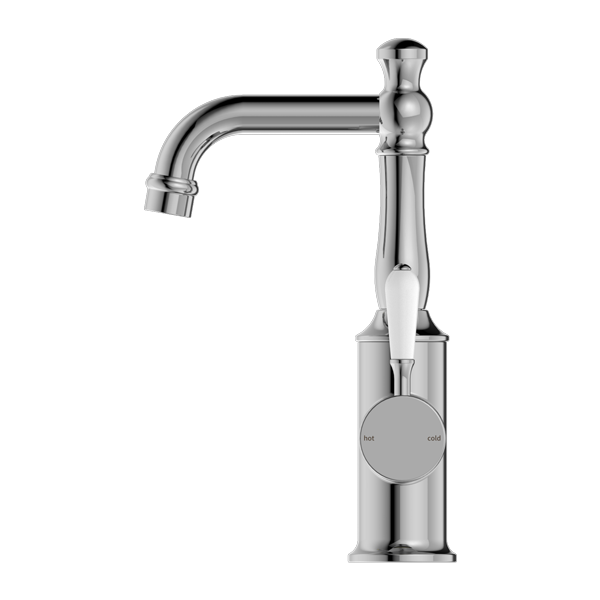 NERO YORK BASIN MIXER WITH WHITE PORCELAIN LEVER 265MM CHROME