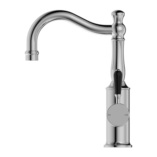 NERO YORK BASIN MIXER WITH BLACK PORCELAIN LEVER 265MM CHROME