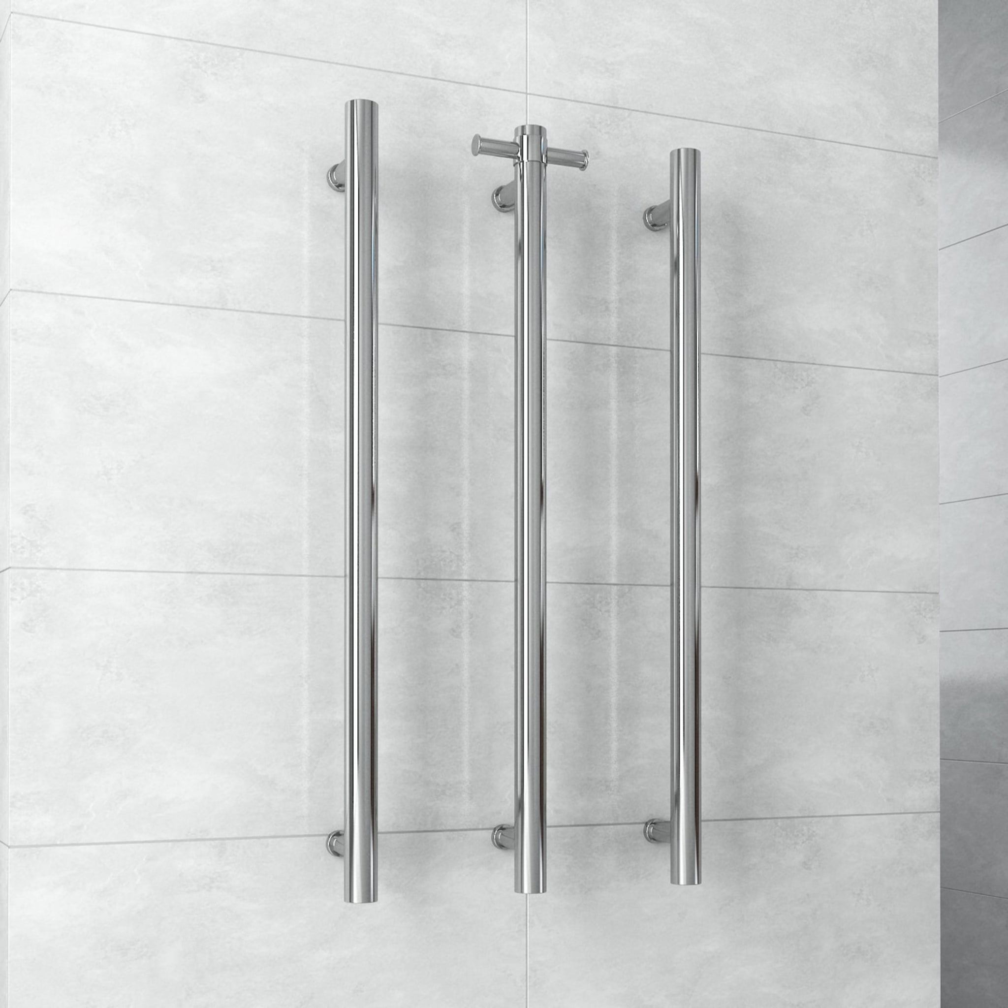 THERMOGROUP ROUND VERTICAL HEATED SINGLE TOWEL RAIL POLISHED STAINLESS STEEL 900MM