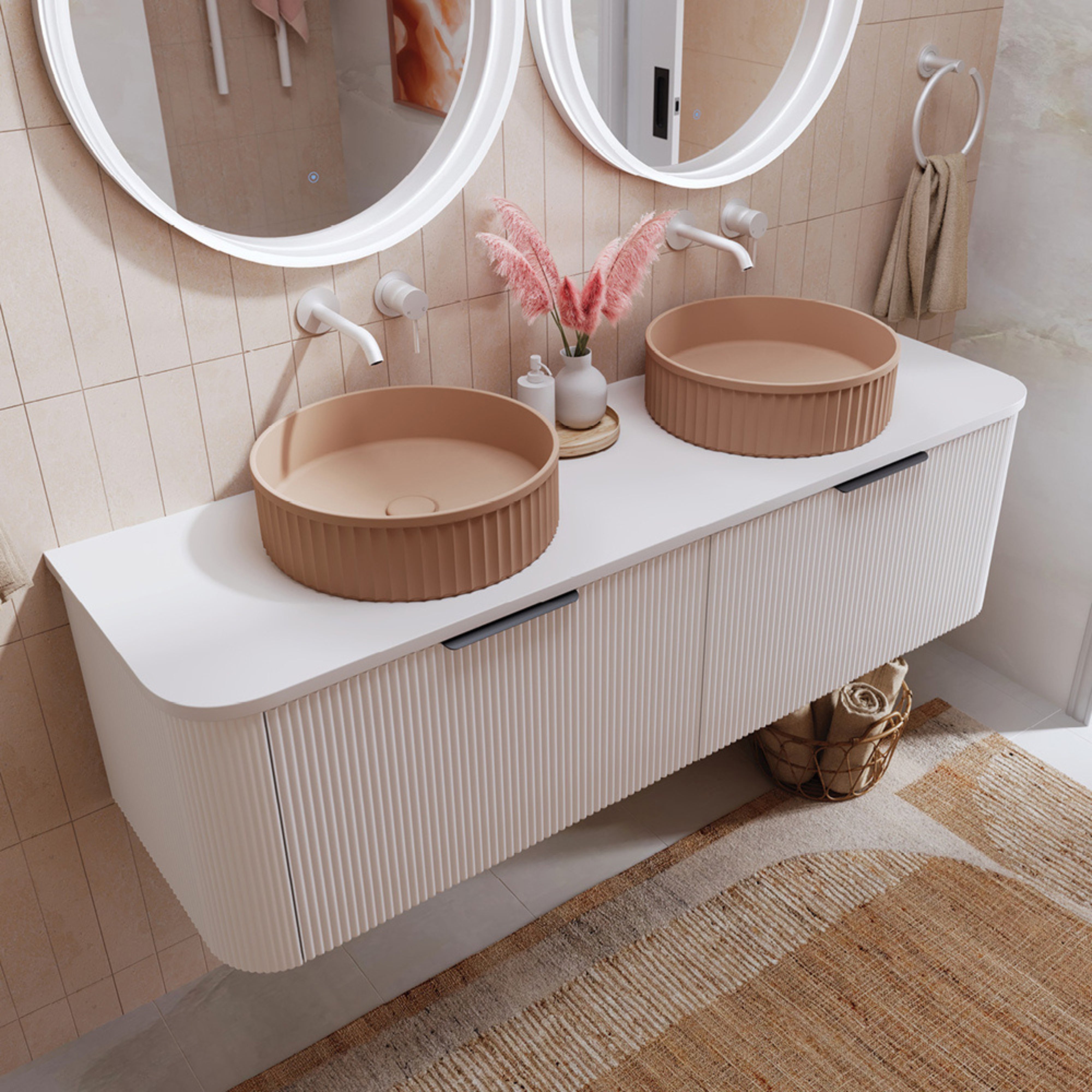 FIENZA MINKA SATIN WHITE 1500MM DOUBLE BOWL WALL HUNG VANITY