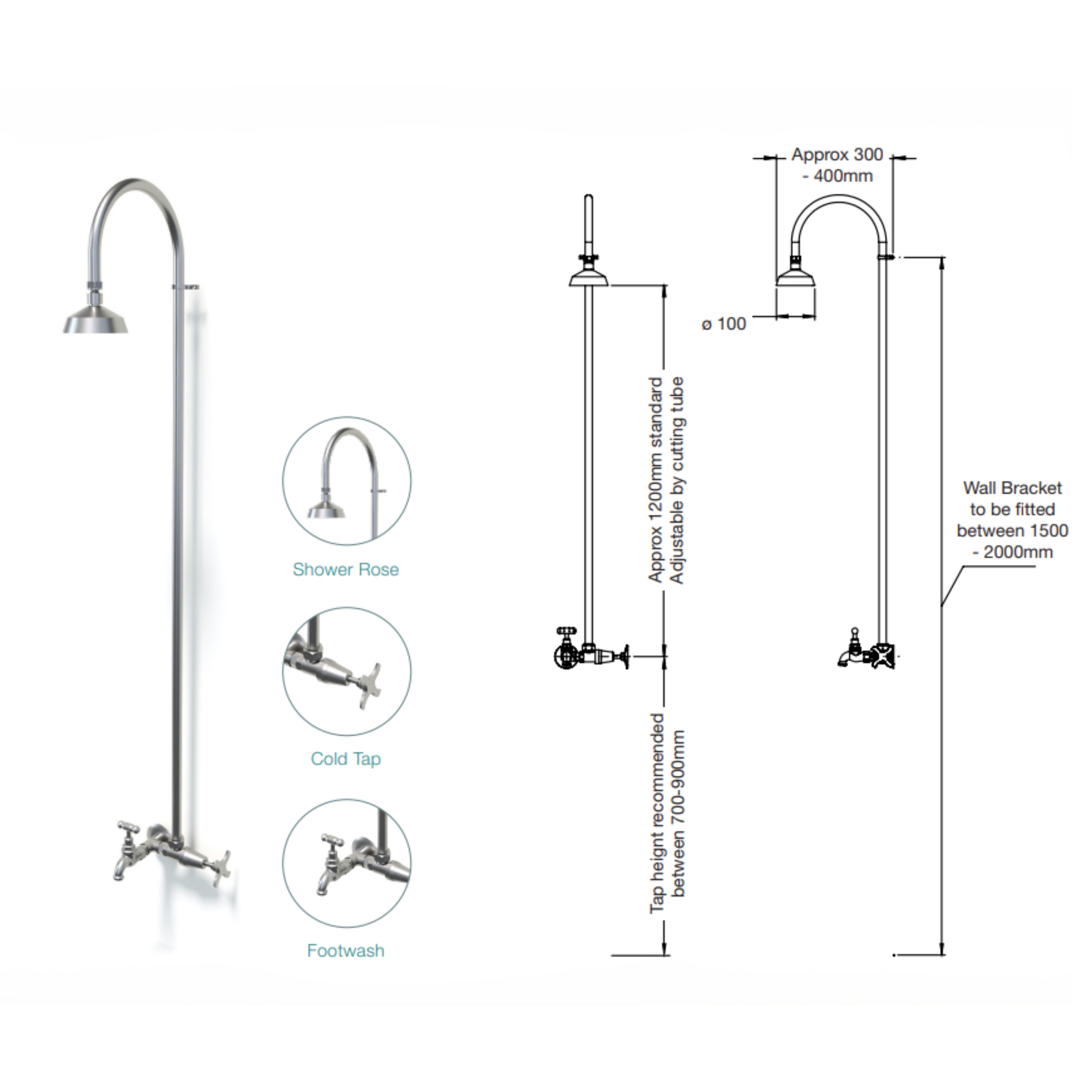 RAINWARE BRIBIE WALL MOUNTED OUTDOOR COLD SHOWER AND HOSE TAP OR FOOTWASH STAINLESS STEEL