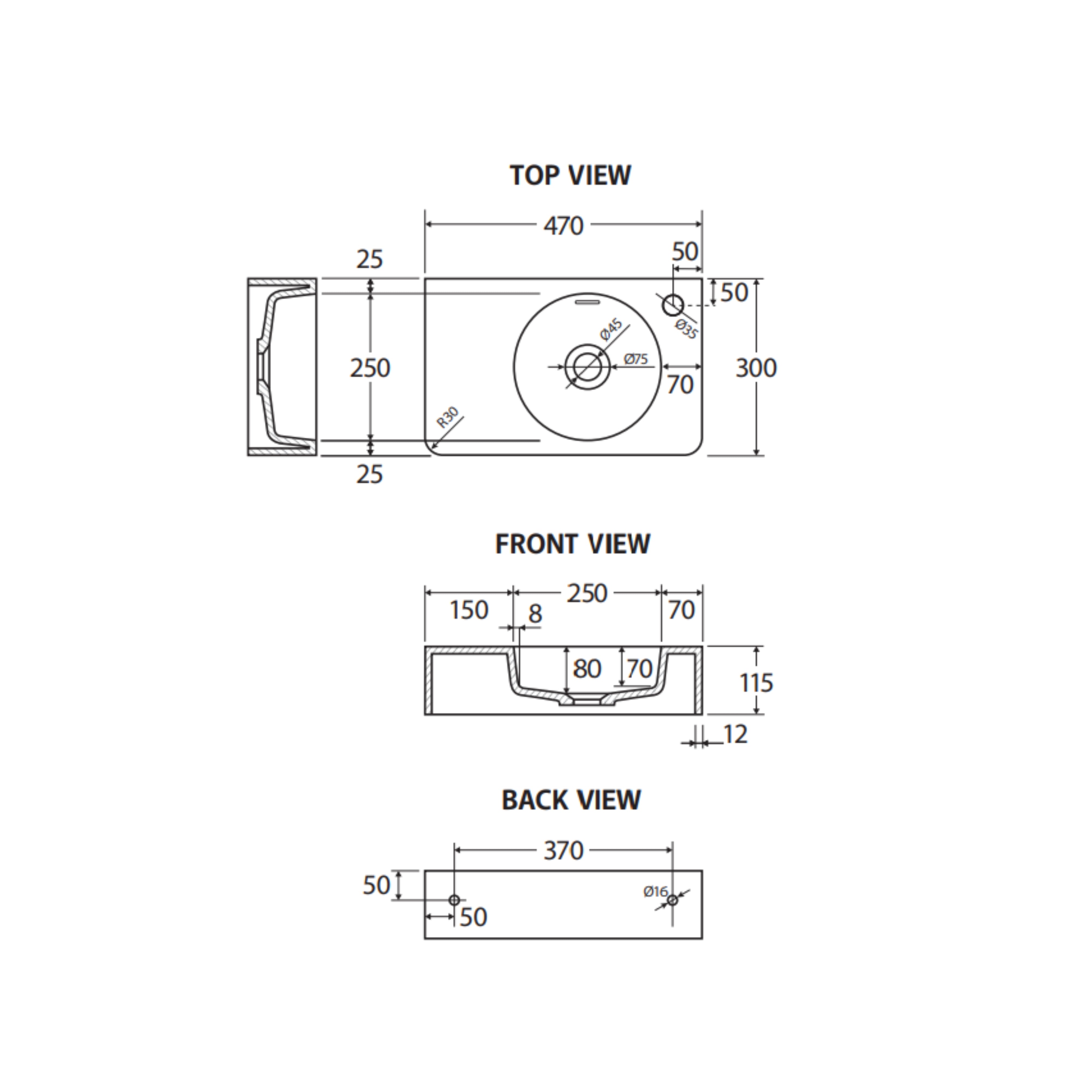 FIENZA ENCANTO SOLID SURFACE WALL HUNG BASIN WITH TAPHOLE MATTE WHITE 470MM