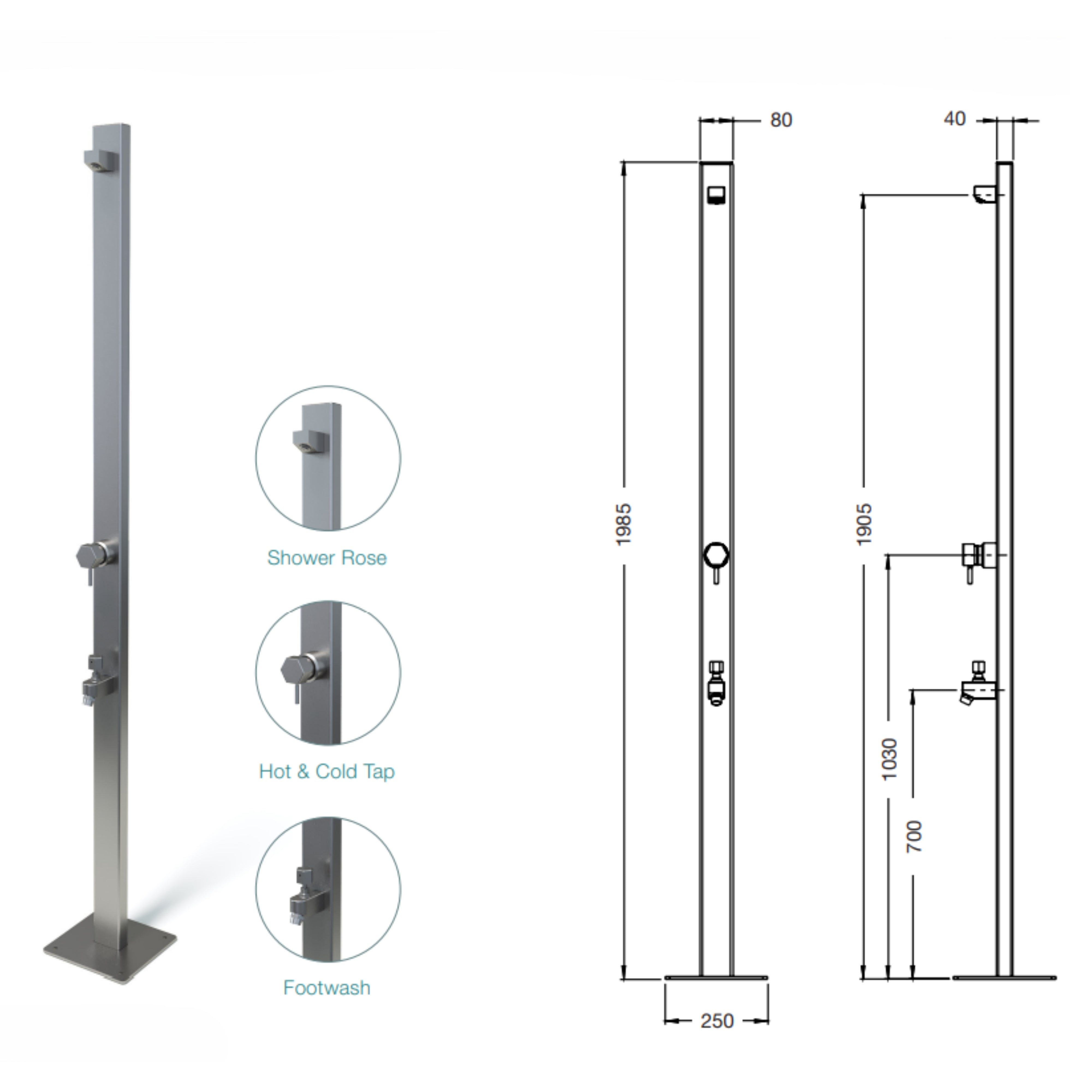 RAINWARE SUNCOAST PREMIUM FREESTANDING OUTDOOR HOT AND COLD SHOWER AND COLD FOOTWASH STAINLESS STEEL