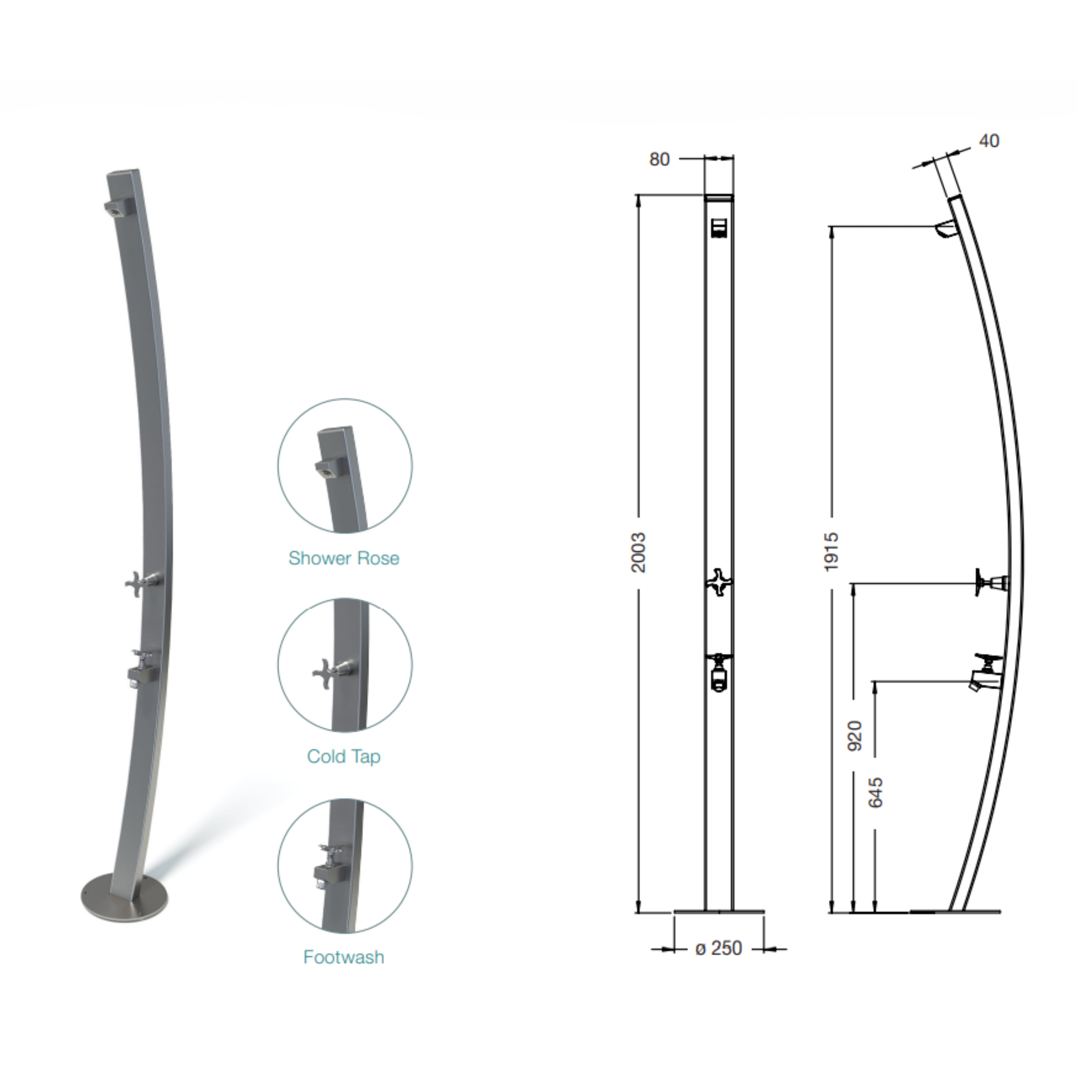 RAINWARE NOOSA FREESTANDING OUTDOOR COLD SHOWER AND FOOTWASH STAINLESS STEEL