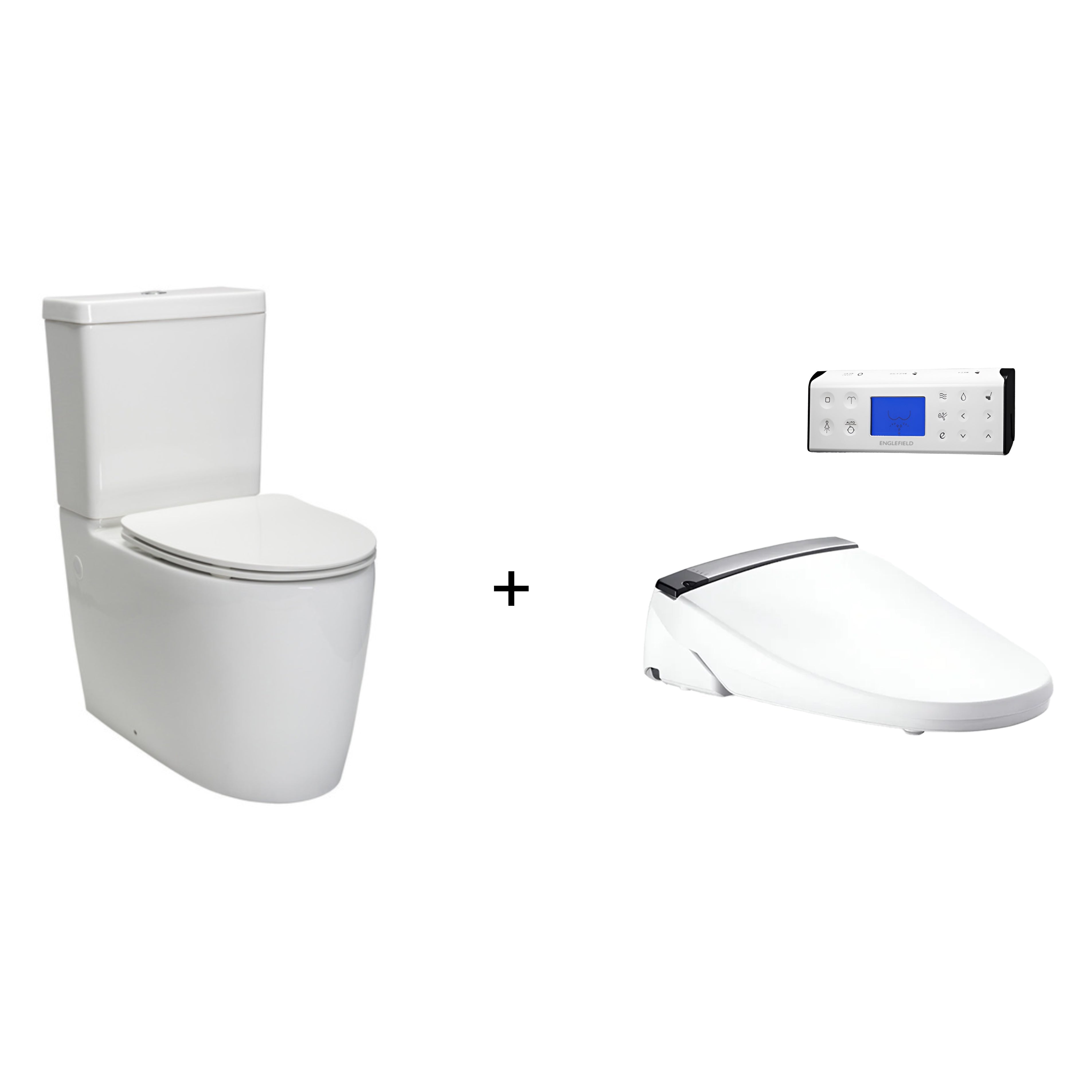 KOHLER GRANDE BACK TO WALL TOILET AND ENGLEFIELD AUTOLID BIDET SEAT PLUS WITH REMOTE CONTROL PACKAGE ELONGATED GLOSS WHITE