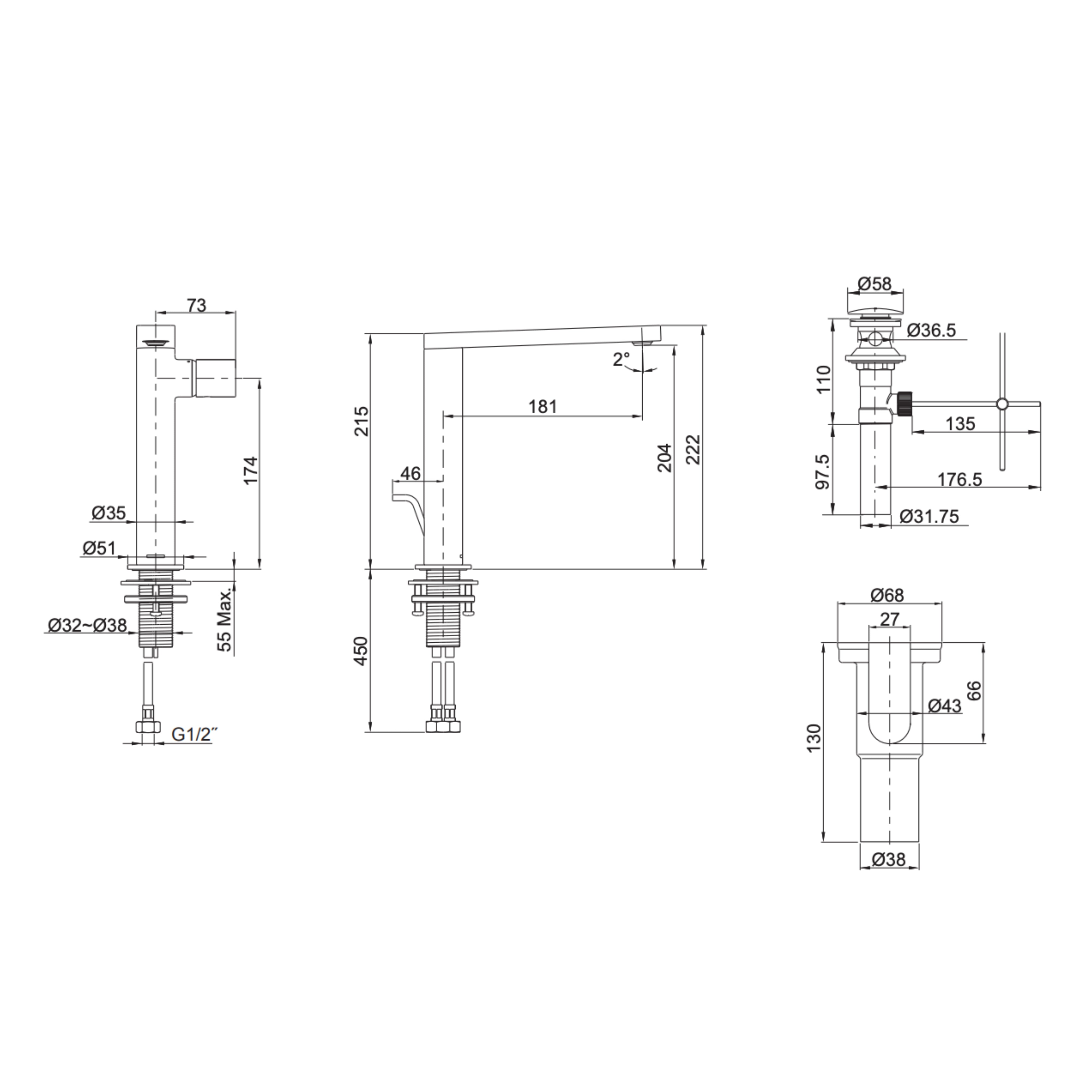 KOHLER COMPOSED TALL BASIN MIXER 215MM POLISHED CHROME