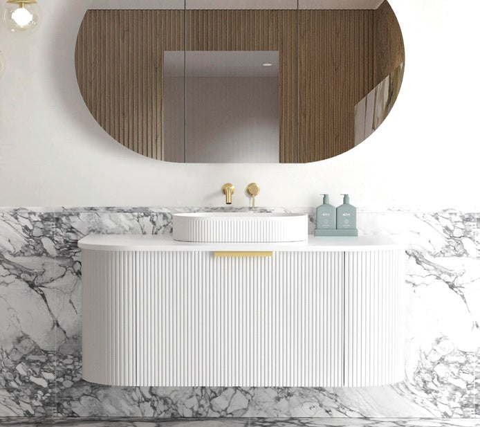 OTTI BONDI MATTE WHITE FLUTED 1200MM CURVE SINGLE BOWL WALL HUNG VANITY