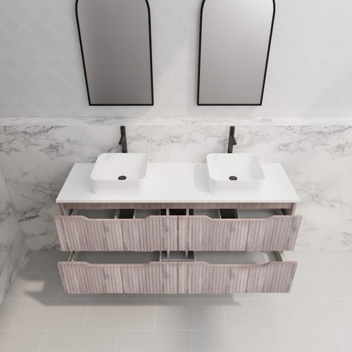 RIVA BALI WHITE OAK 1500MM DOUBLE BOWL FLOOR STANDING VANITY