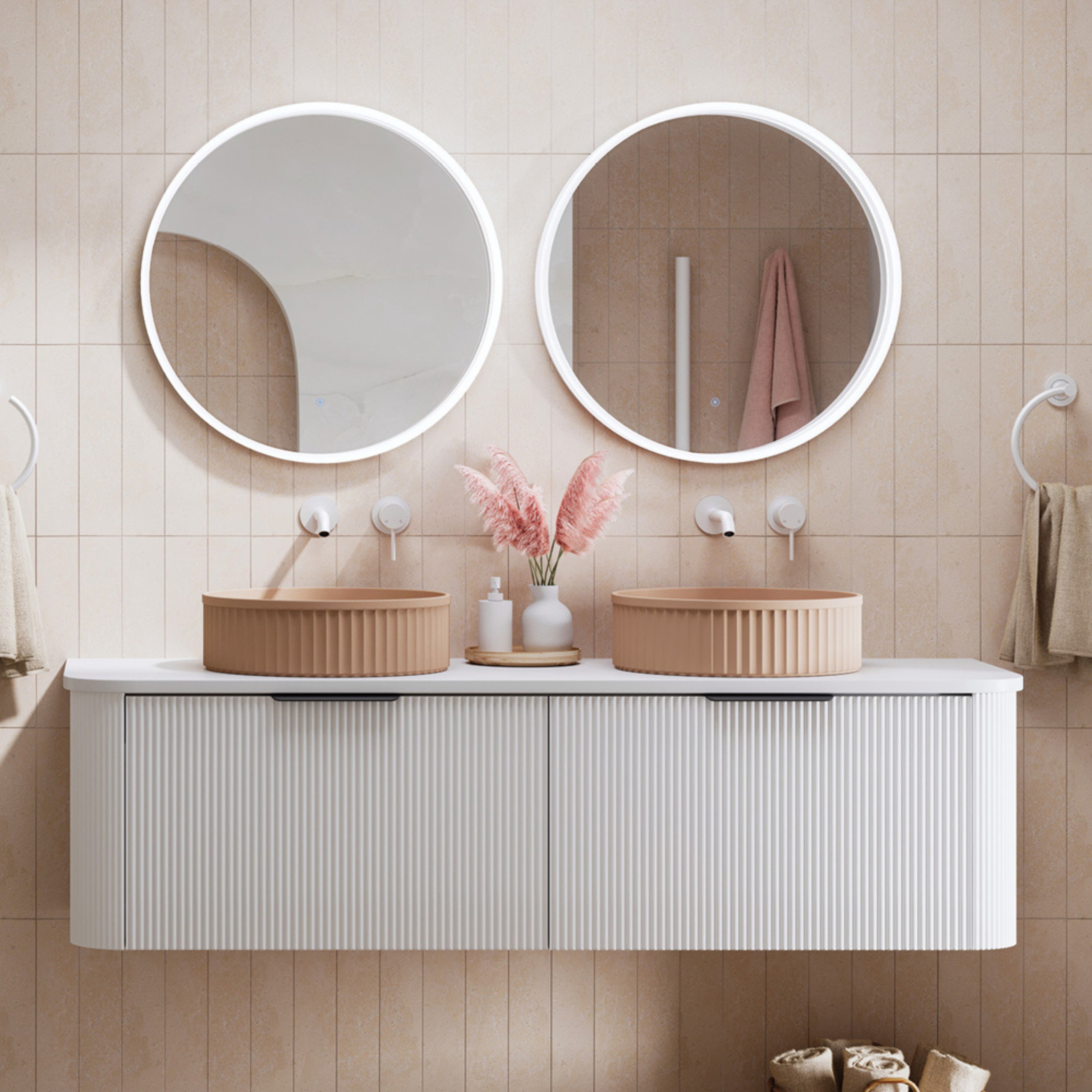 FIENZA MINKA SATIN WHITE FLUTED 1500MM CURVE DOUBLE BOWL WALL HUNG VANITY