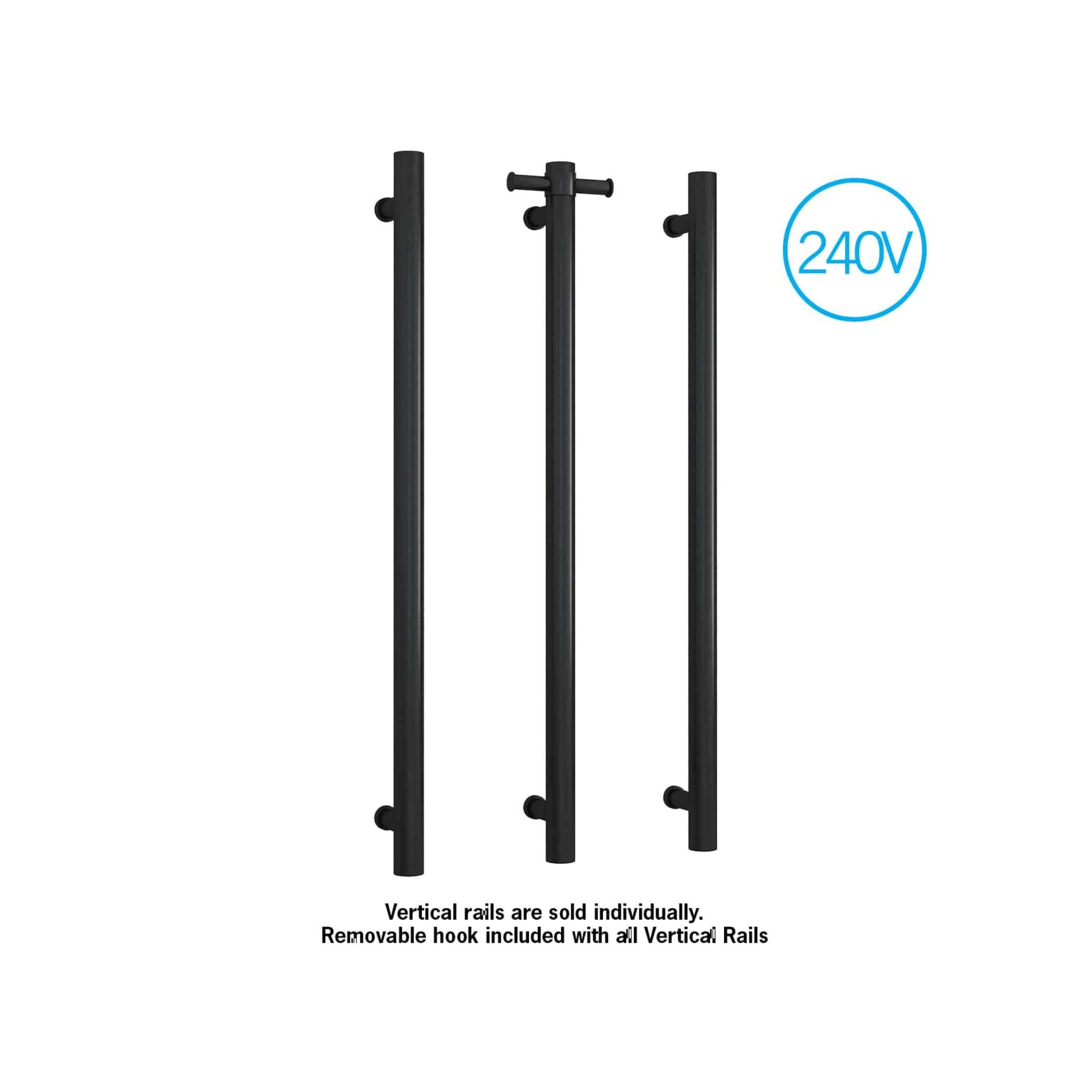 THERMOGROUP ROUND VERTICAL HEATED SINGLE TOWEL RAIL MATTE BLACK 900MM