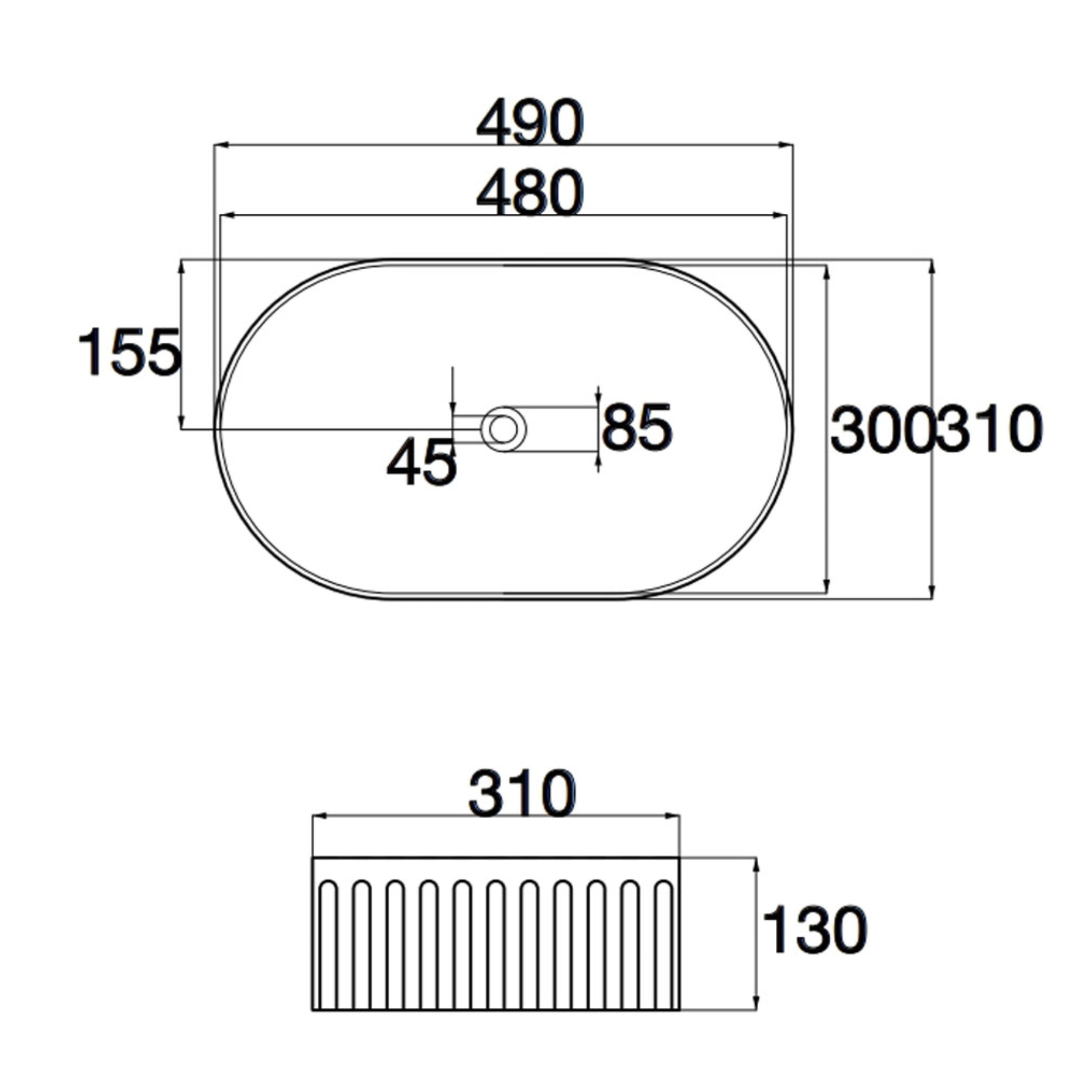 AQUAPERLA CERAMIC FLUTED ABOVE COUNTER BASIN MATTE WHITE 490MM