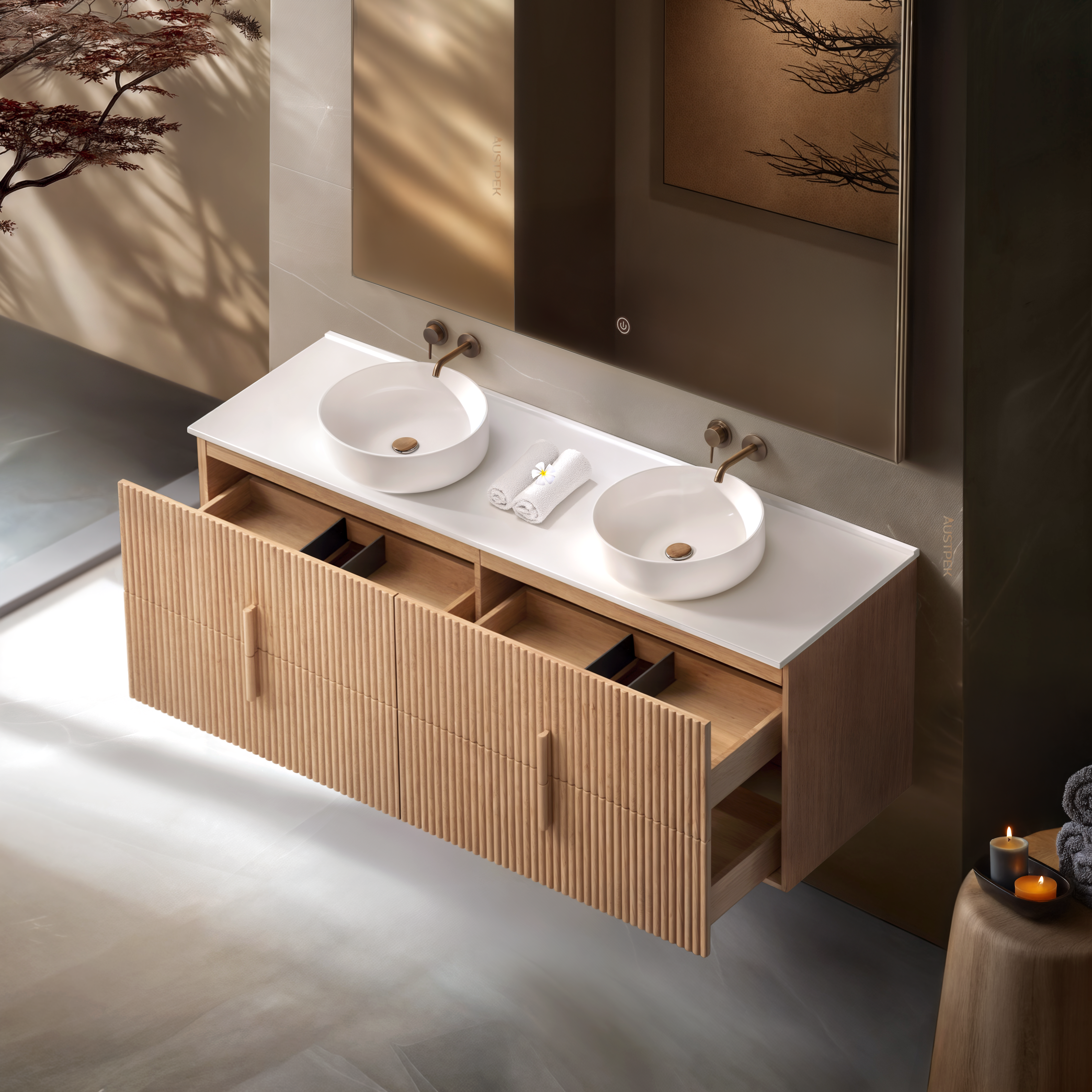 ORIO EDEN LIGHT WALNUT 1500MM DOUBLE BOWL WALL HUNG VANITY