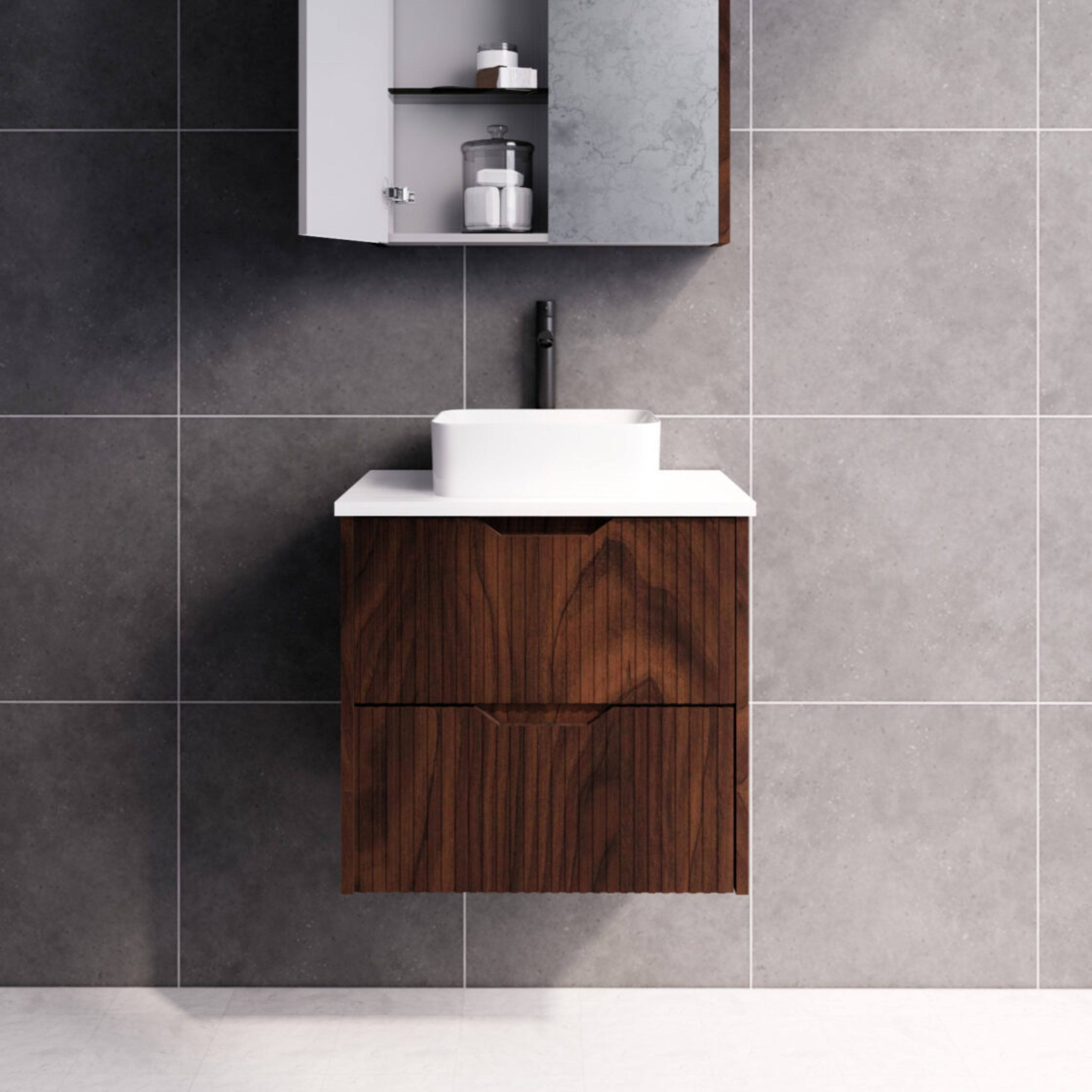 RIVA BALI BROWN OAK 600MM SINGLE BOWL WALL HUNG VANITY