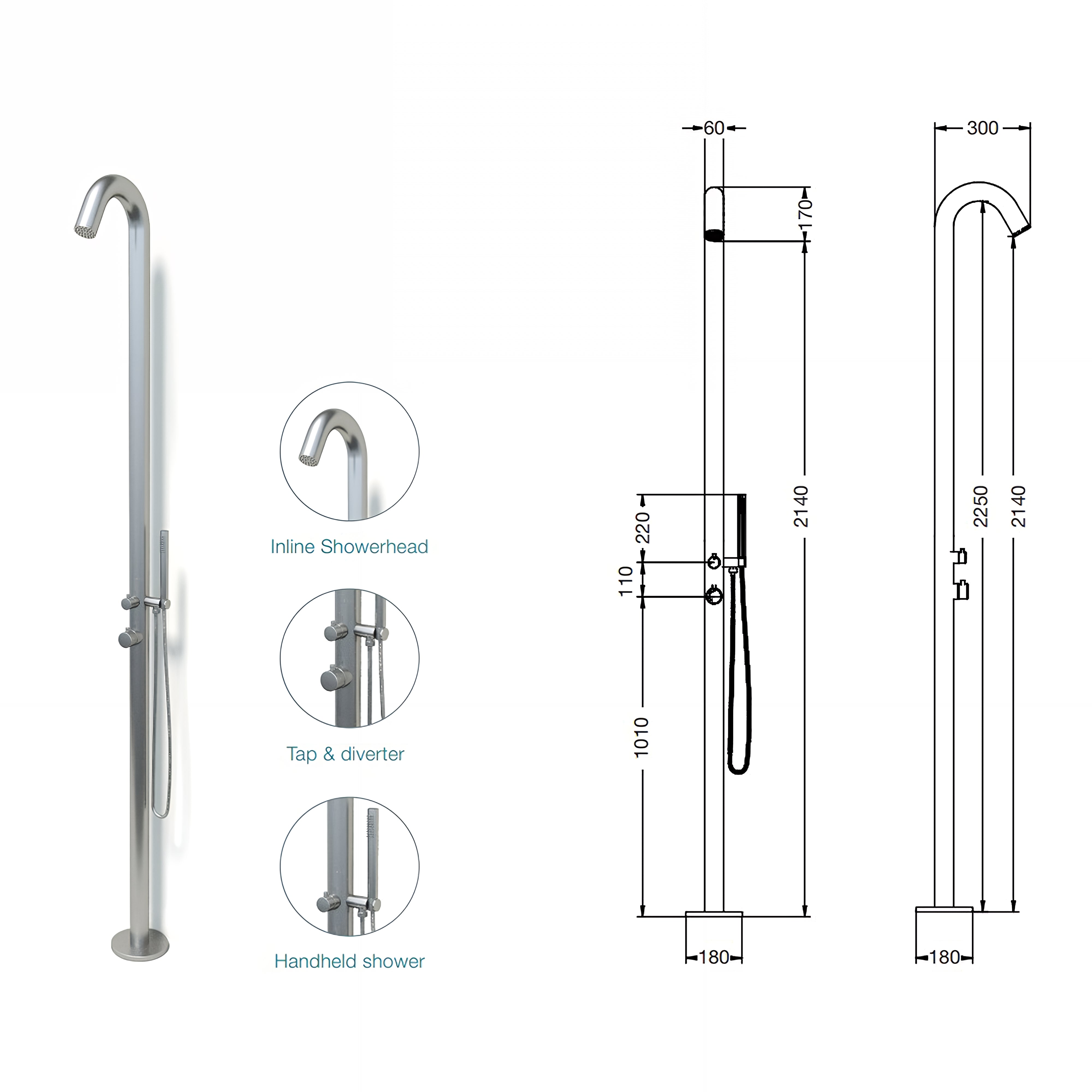 RAINWARE MAROUBRA FREESTANDING OUTDOOR HOT AND COLD SHOWER AND HANDHELD STAINLESS STEEL