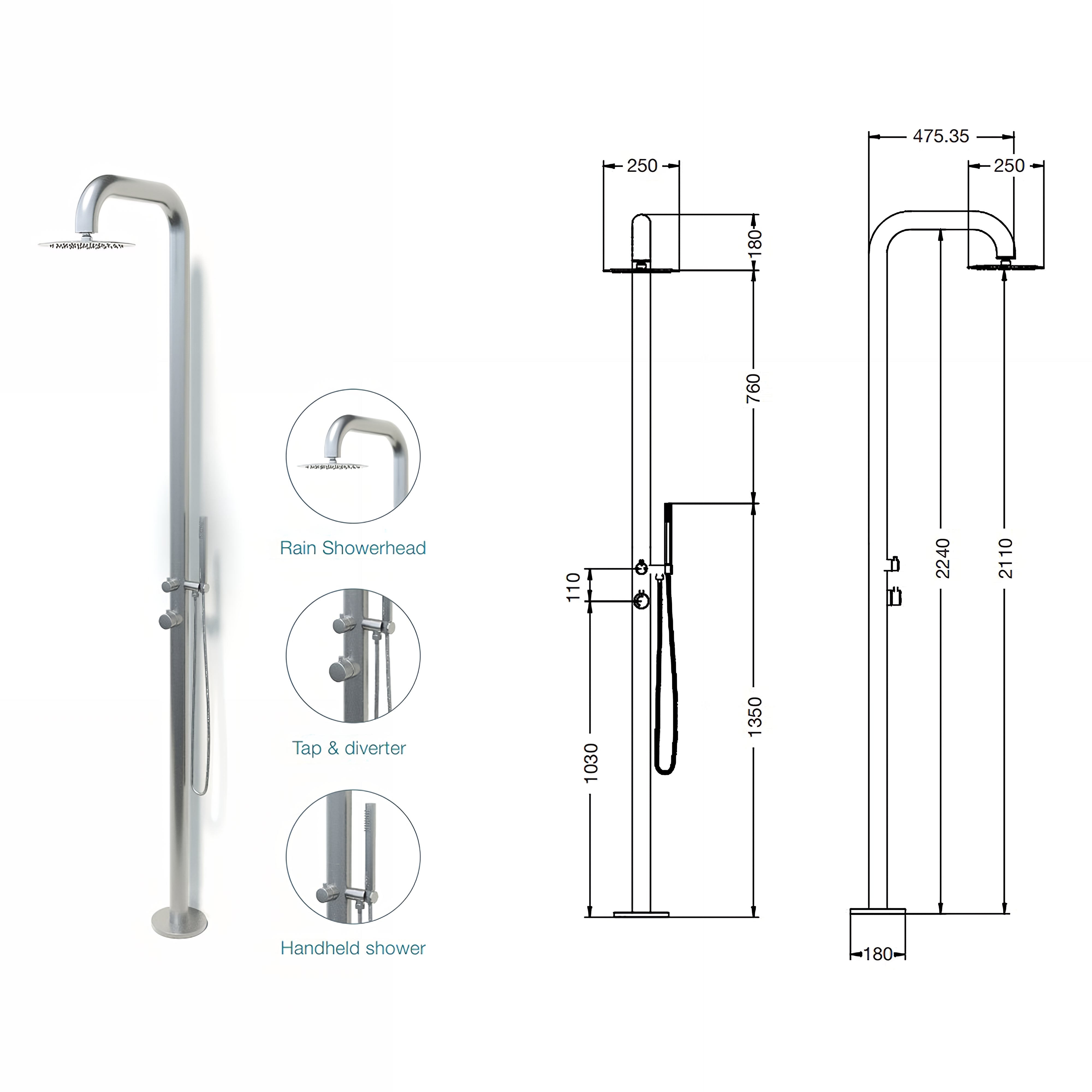 RAINWARE BRONTE FREESTANDING OUTDOOR HOT AND COLD SHOWER AND HANDHELD STAINLESS STEEL