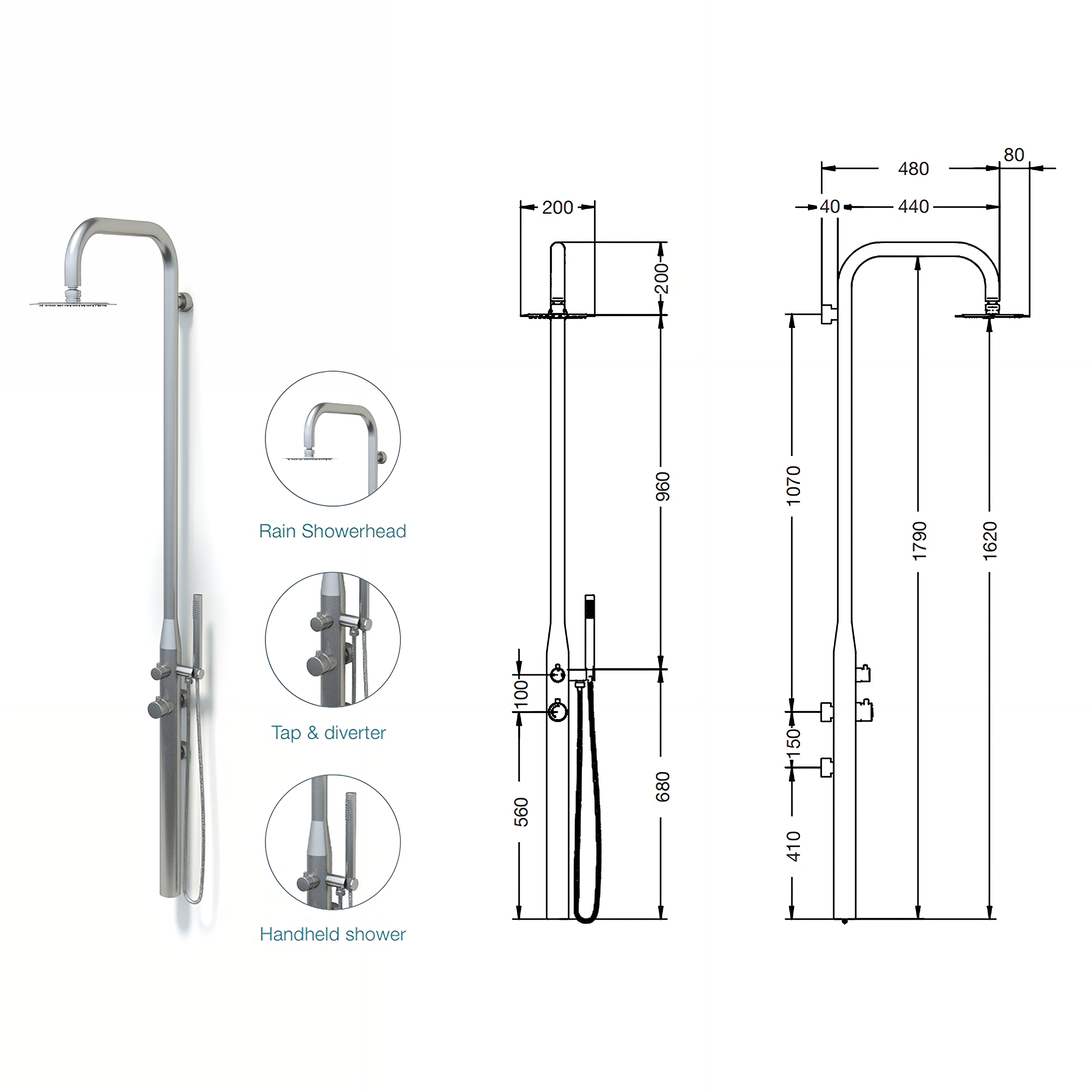 RAINWARE COLLAROY WALL MOUNTED OUTDOOR HOT AND COLD SHOWER AND HANDHELD STAINLESS STEEL