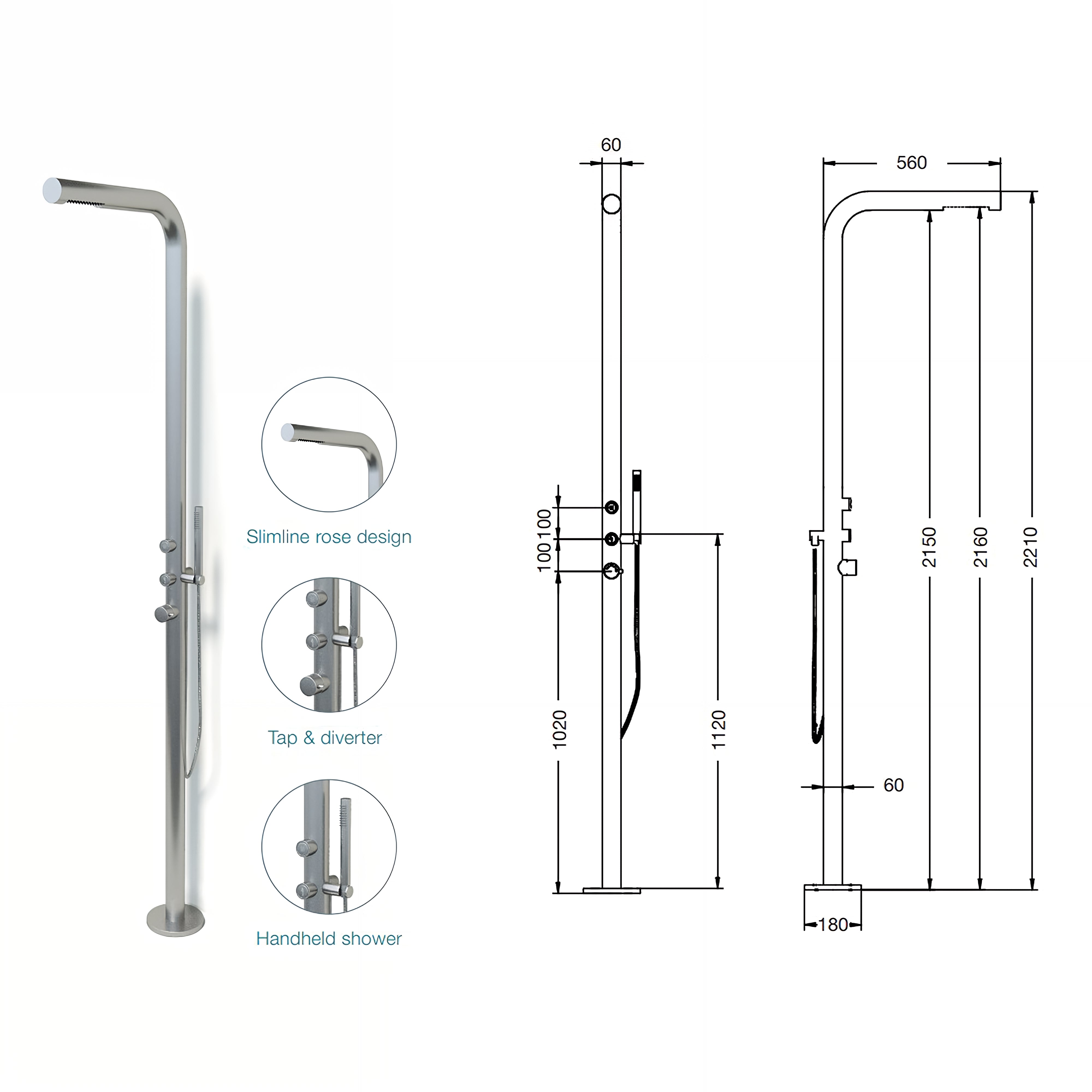 RAINWARE AVOCA FREESTANDING OUTDOOR HOT AND COLD SHOWER AND HANDHELD STAINLESS STEEL