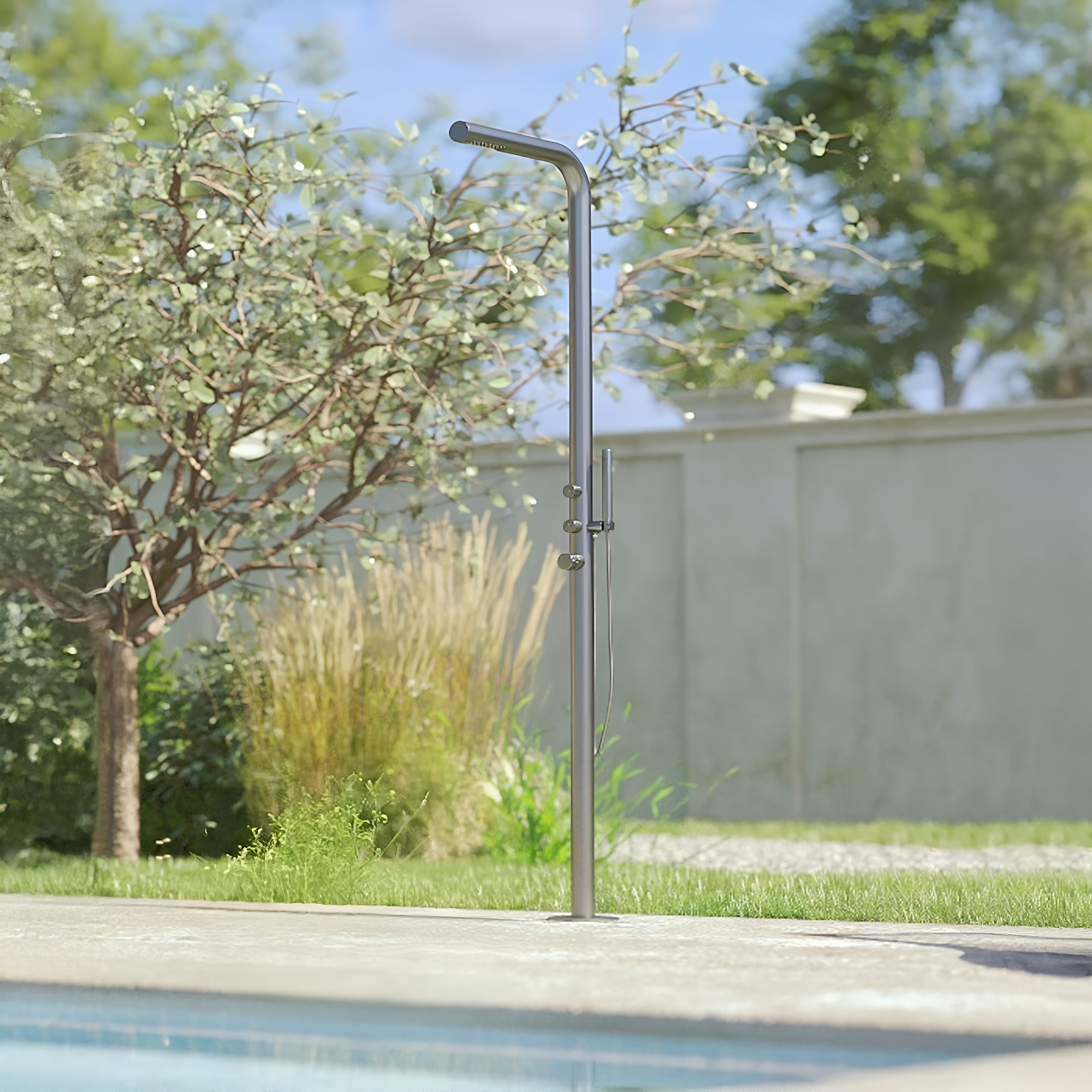 RAINWARE AVOCA FREESTANDING OUTDOOR HOT AND COLD SHOWER AND HANDHELD STAINLESS STEEL