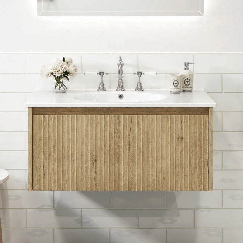 FIENZA ALINA SCANDI OAK FLUTED 900MM SINGLE BOWL WALL HUNG VANITY