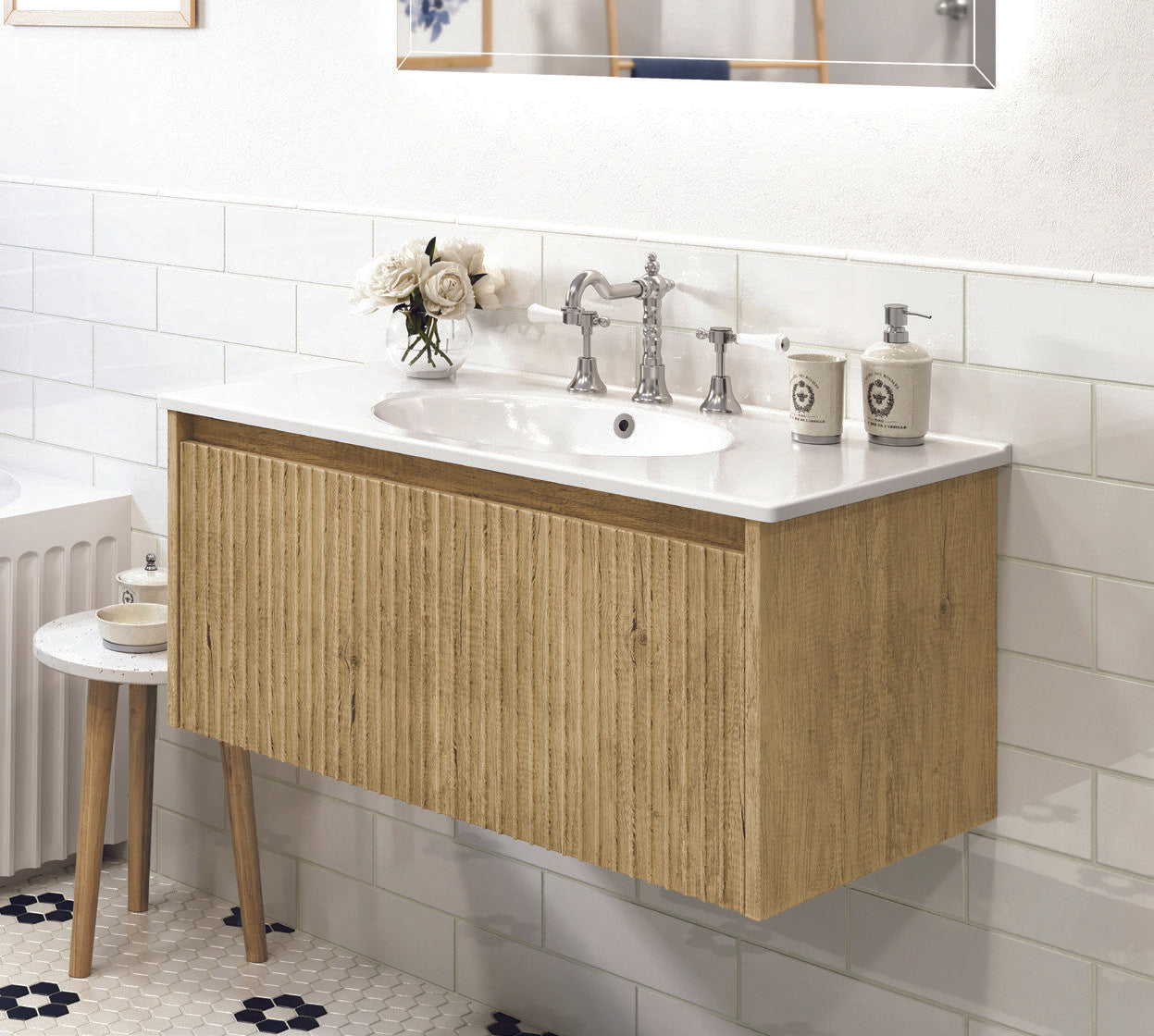 FIENZA ALINA SCANDI OAK FLUTED 900MM SINGLE BOWL WALL HUNG VANITY