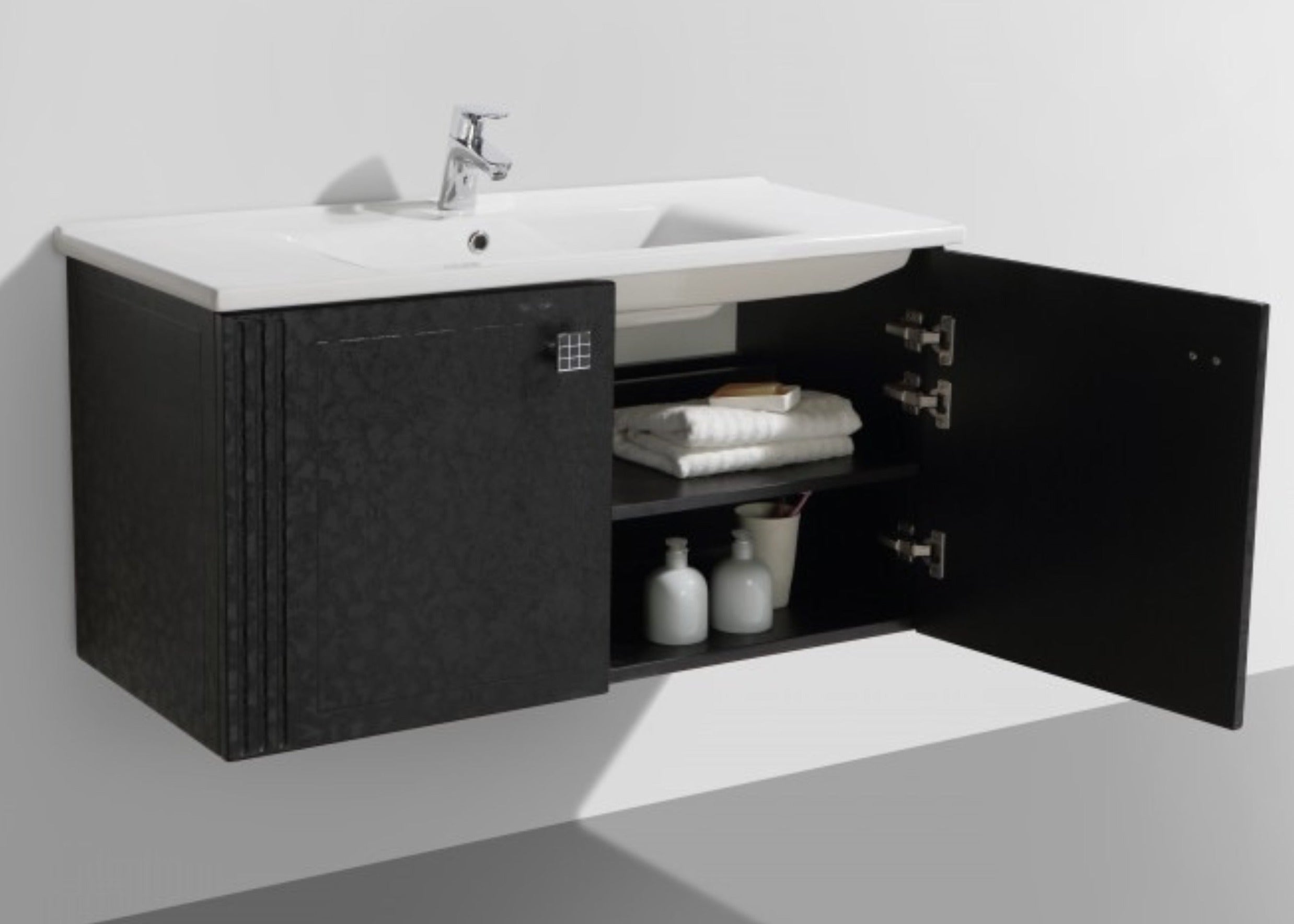 BEL BAGNO ATRIA NEO BLACK PATTERN 850MM SINGLE BOWL WALL HUNG VANITY AND BASIN