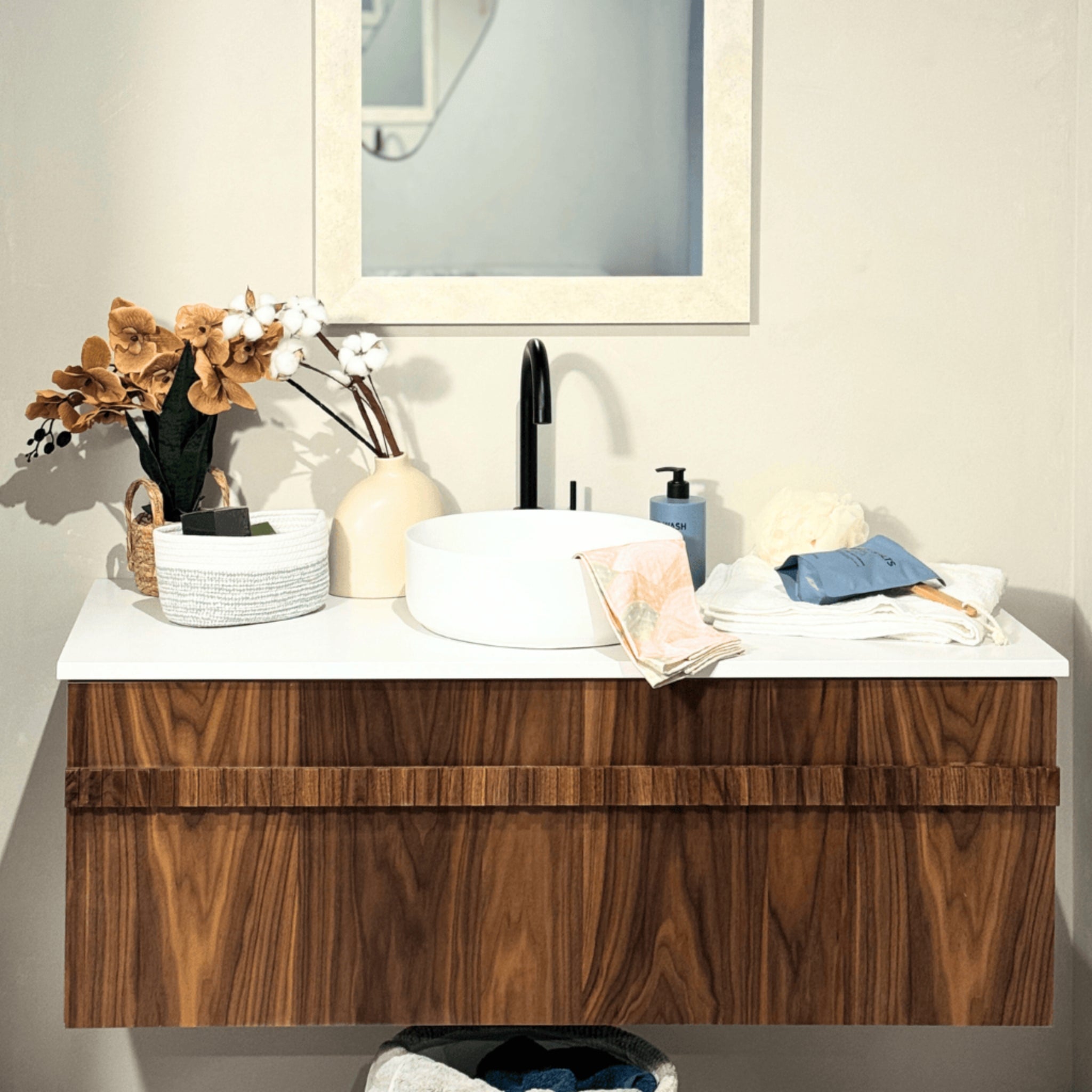 JOINERY BY BEARS ASHTON WALNUT 1200MM SINGLE BOWL WALL HUNG VANITY PACKAGE