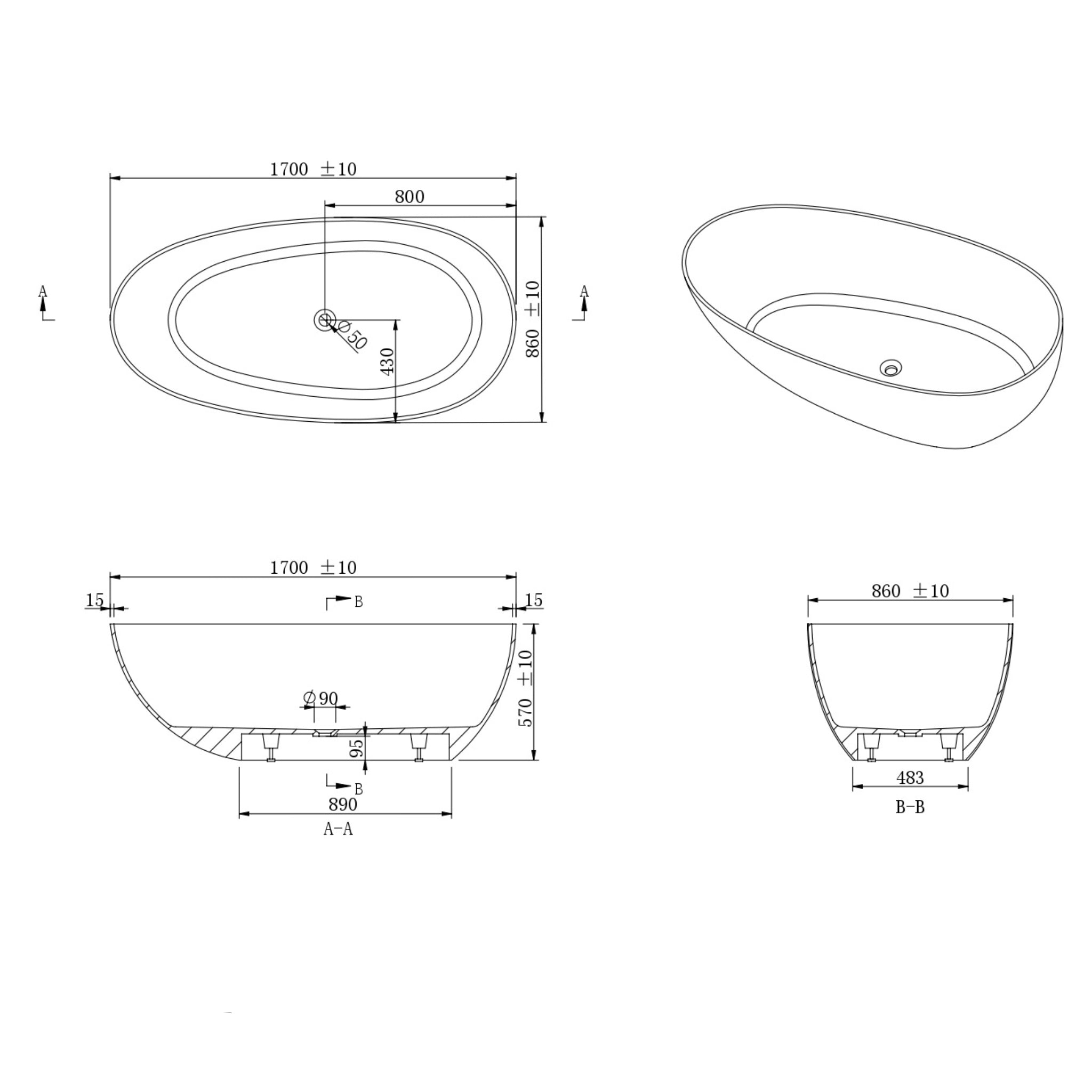 KASKADE ALICE FREESTANDING STONE BATH MATTE WHITE 1700MM