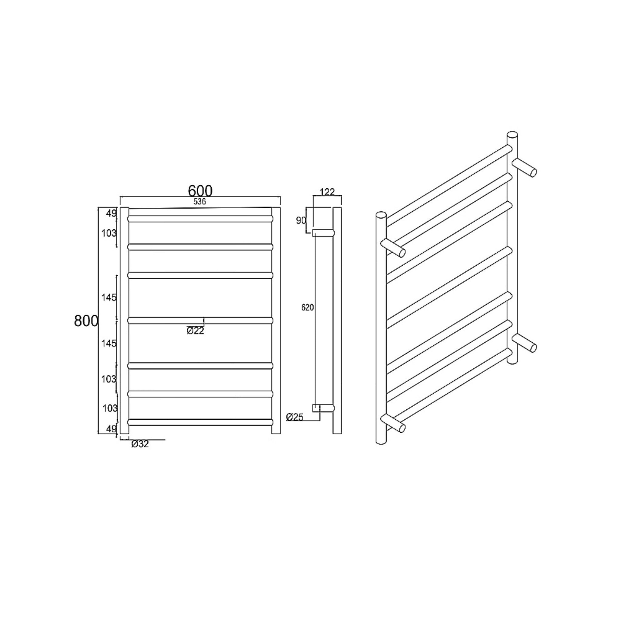 AQUAPERLA 7-BAR ROUND LADDER HEATED TOWEL RAIL 800MM BLACK