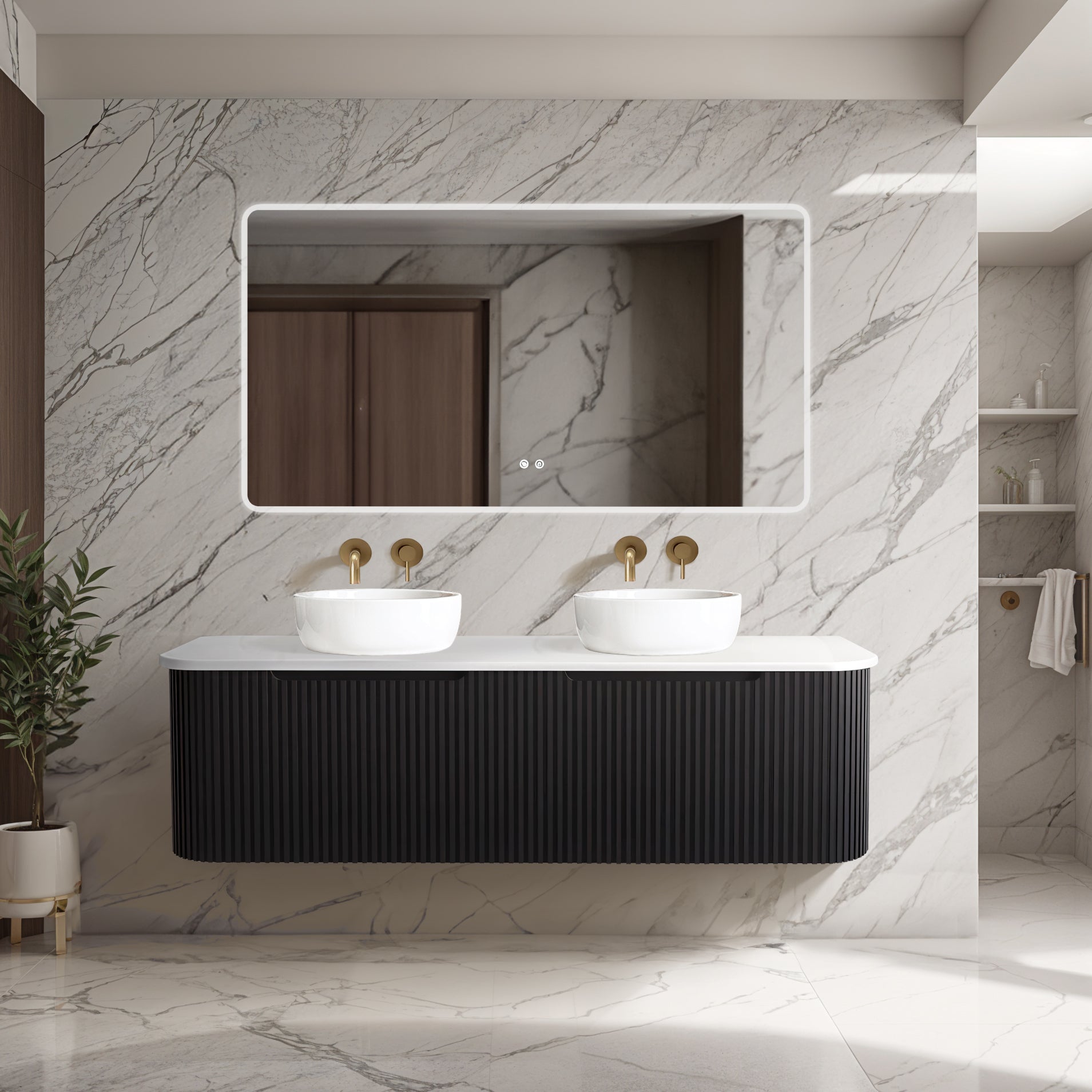 RIVA BERGEN MATTE BLACK 1500MM DOUBLE BOWL WALL HUNG VANITY