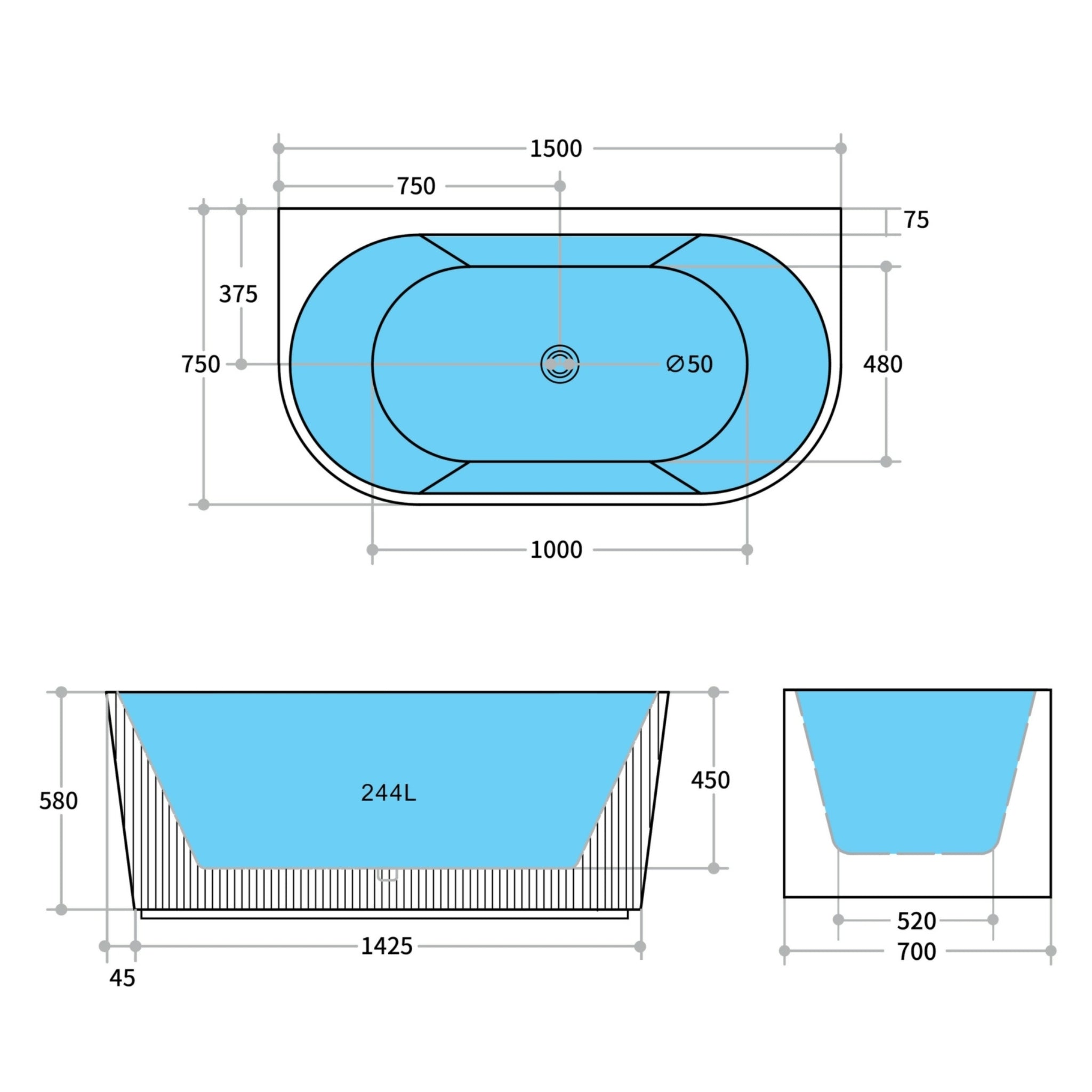 CETO BARI FREESTANDING BATHTUB MATTE BLACK (AVAILABLE IN 1500MM AND 1700MM)